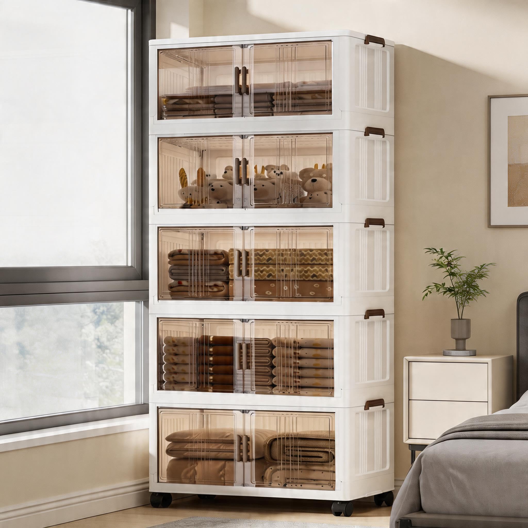 NCONCO Storage Boxes with Lid, 5 Tiers Stackable 55 Gal Large Capacity Collapsible Storage Cabinet Foldable Clothes Organizers with Wheels Magnetic Doors for Home Office White