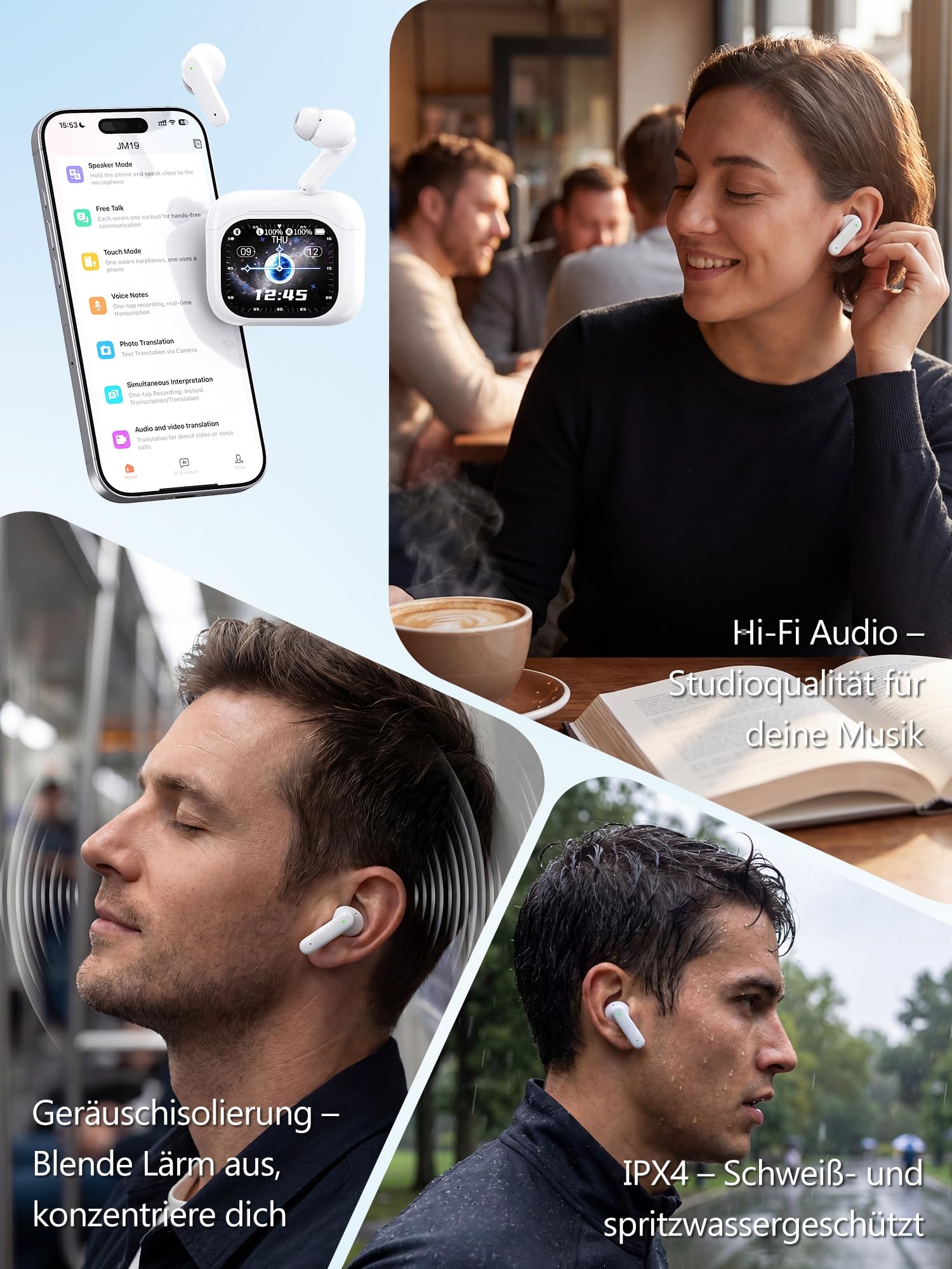 KI Übersetzer Kopfhörer Echtzeit Sprachübersetzer 4-in-1 mit LCD-Touchscreen & App 156 Sprachen 7 Modi Bluetooth 5.4 60H