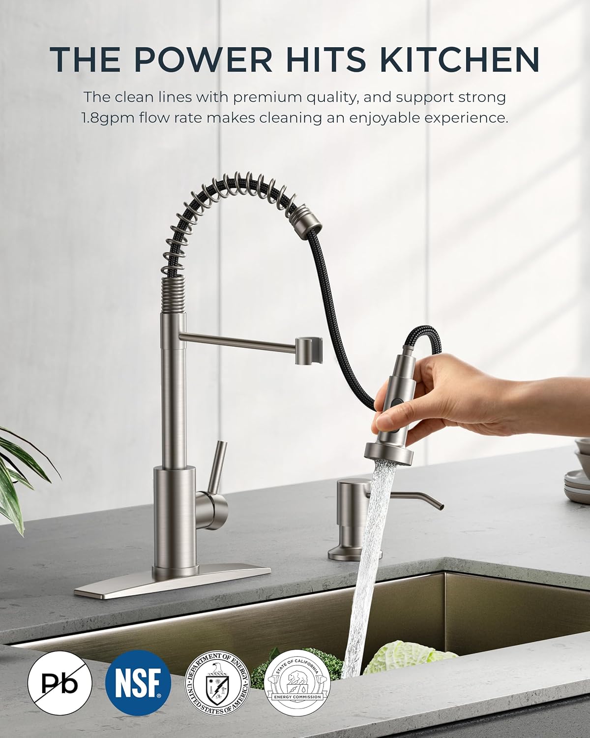 FORIOUS Kitchen Faucet with certifications for lead-free and water efficiency standards.
