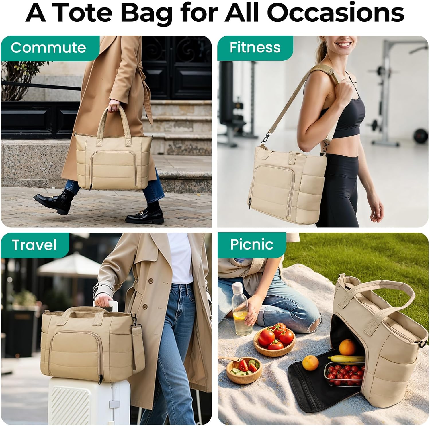 Dadanism Lunch Tote Bag for Women, 15.6 Inch Puffy Laptop Bag with Insulated Lunch Compartment, Quilted Large Capacity Computer Handbag with Purse for Business, Work, Office, Collage, Casual, Taupe