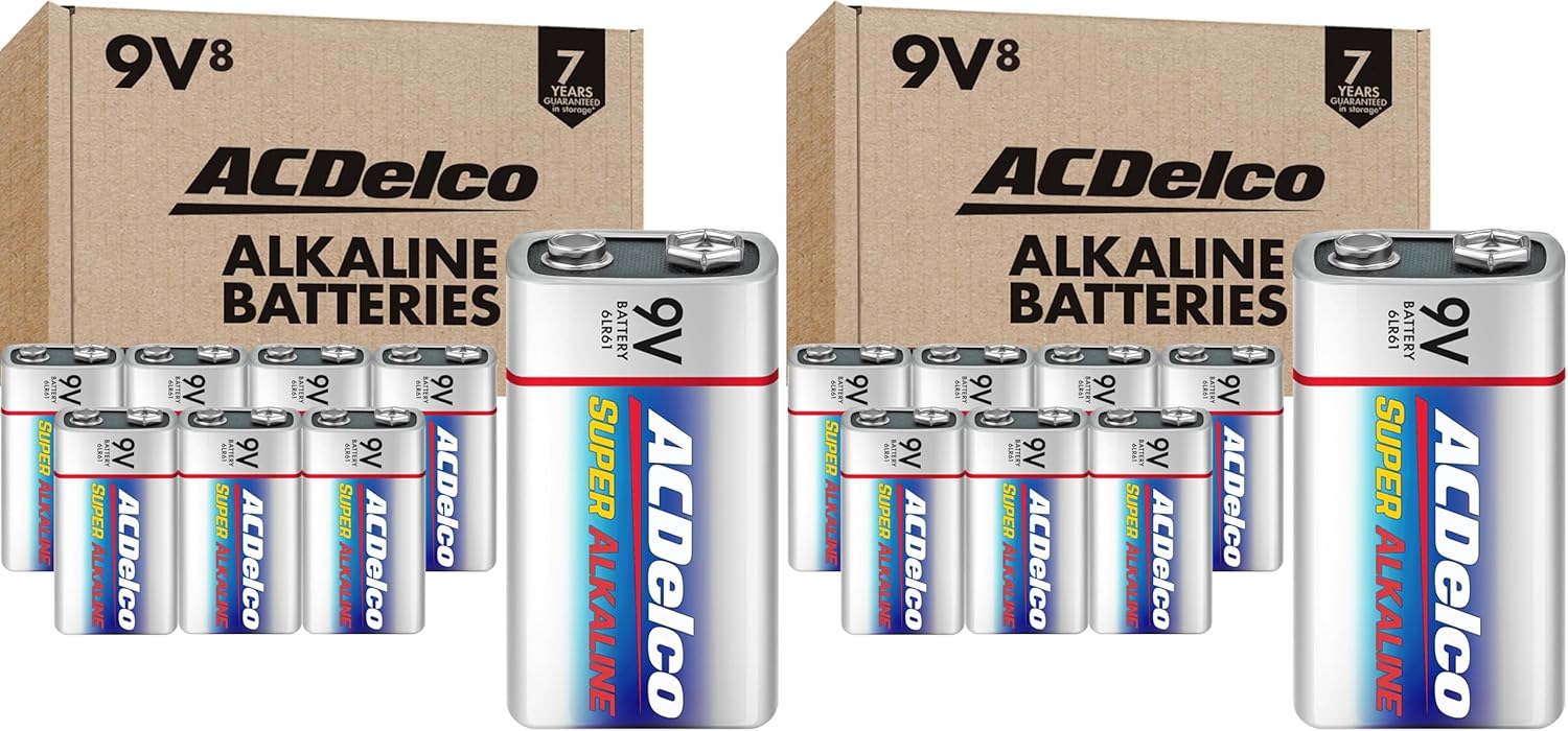 ACDelco 8-Count 9 Volt Batteries, Maximum Power Super Alkaline Battery, 7-Year Shelf Life, Recloseable Packaging (Pack of 2)