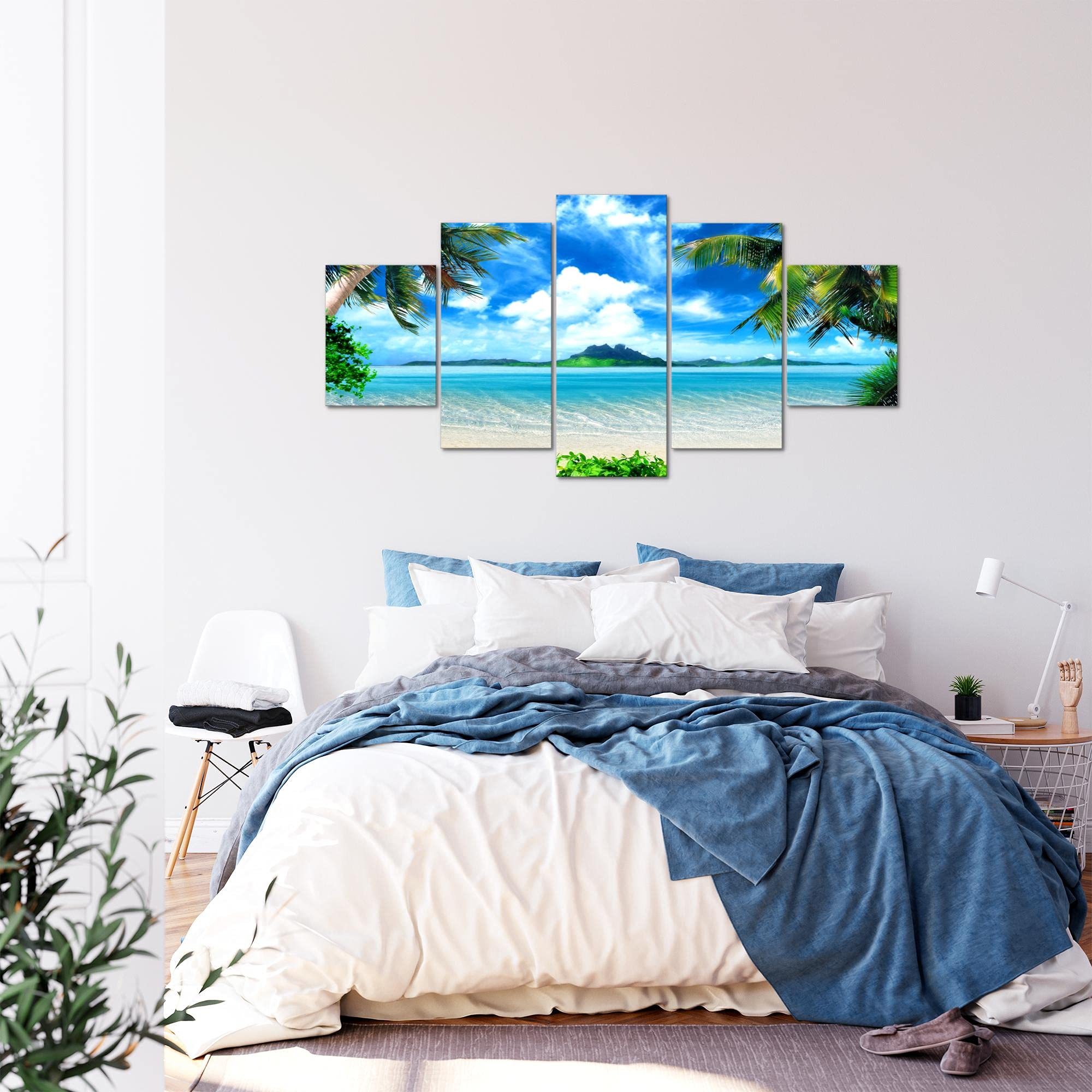 Runa Art - Bilder Strand Palmen 200 x 100 cm 5 Teilig XXL Wanddekoration Design Blau Beige 603351a