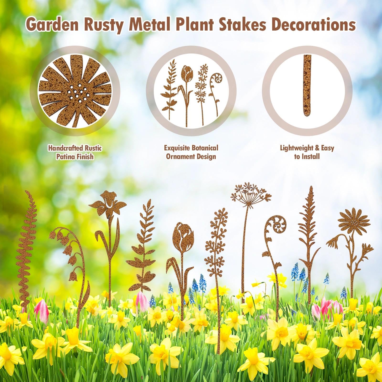 Lot de 10 piquets de jardin en métal rouillé - Décoration de jardin - Pour pelouse, cour, balcon - Pot de fleurs