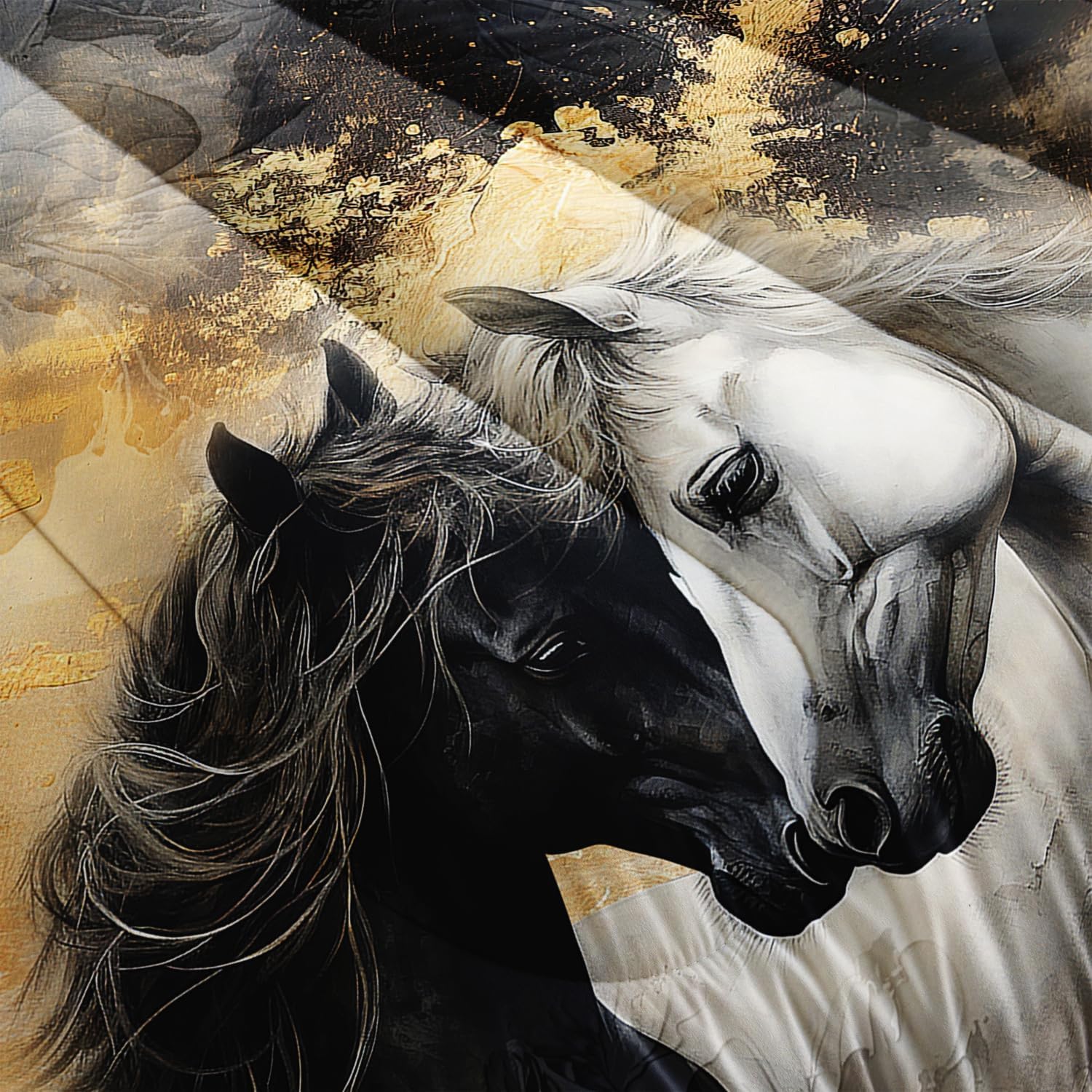 Black White Horses Comforter Set Full Size,Golden Ink Painting Flora Bedding Set for Kids and Adults Bedroom Horse Decor,Wild Animal Theme Art Aesthetics Comforter Set with 2 Pillowcases. - Image 5