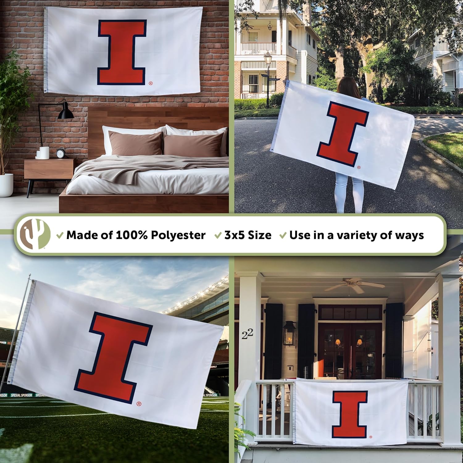 Desert Cactus University of Illinois Flag - 3 x 5 Feet Fighting Illini U of I Banner, Indoor/Outdoor Durable Fabric Display (Style H1) - Image 3