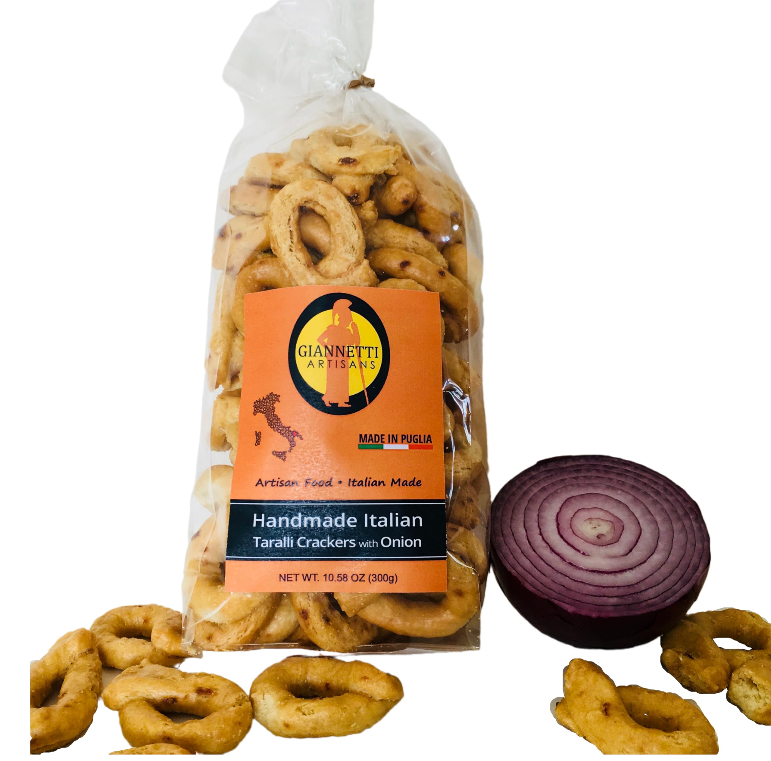Giannetti Artisans Handmade Onion Taralli Crackers - Imported from Italy - 10.58 oz bag (Single)