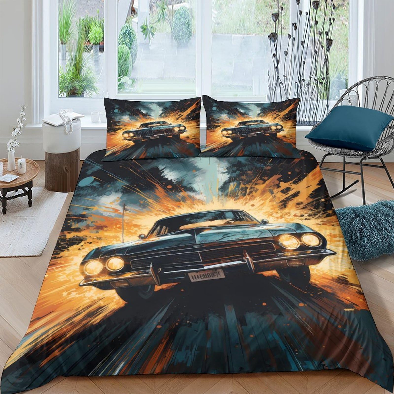 Ctjqhvkz Style-10 3D Printed Racing Car Fitted Sheet Microfiber Soft Mattress Cover Orange Blue Bedroom Decor For Adults Teens Single（135X200cm）