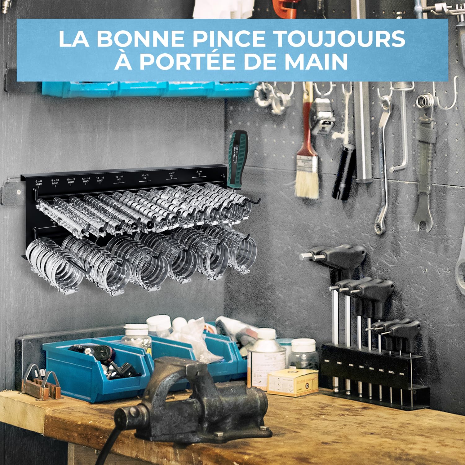 GRAFT support mural de colliers de serrage | 227 pc | Support et tournevis | Colliers de serrage tuyaux | Serrage tuyaux réglable | Colliers de serrage de tuyau | Organizer Rack