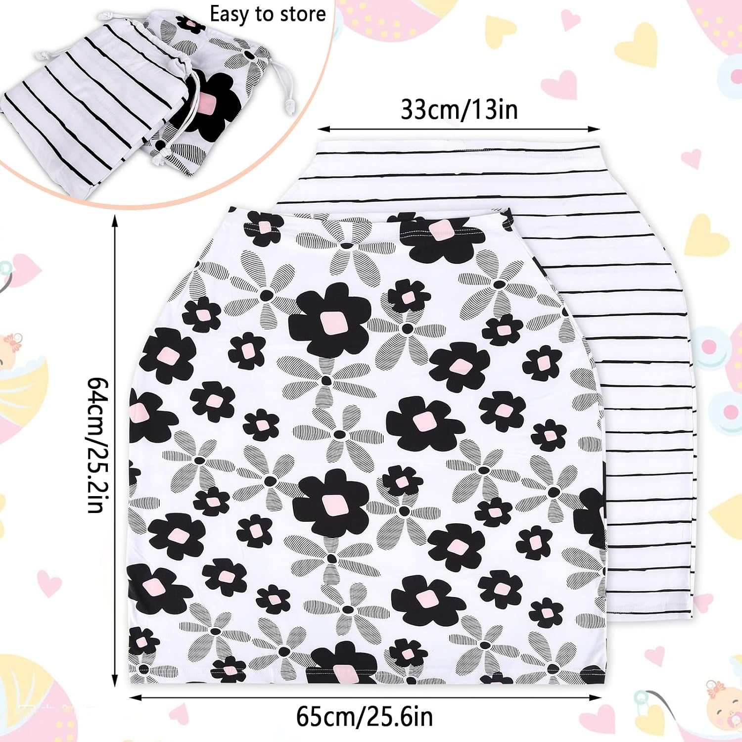 2 Pack Baby Car Seat Cover, 4-Way Stretch Fabric - Universal Fit for Infant Car Seats & Strollers, with Matching Storage Bags, Breathable Sun/Wind Shield for Baby Boys & Girls