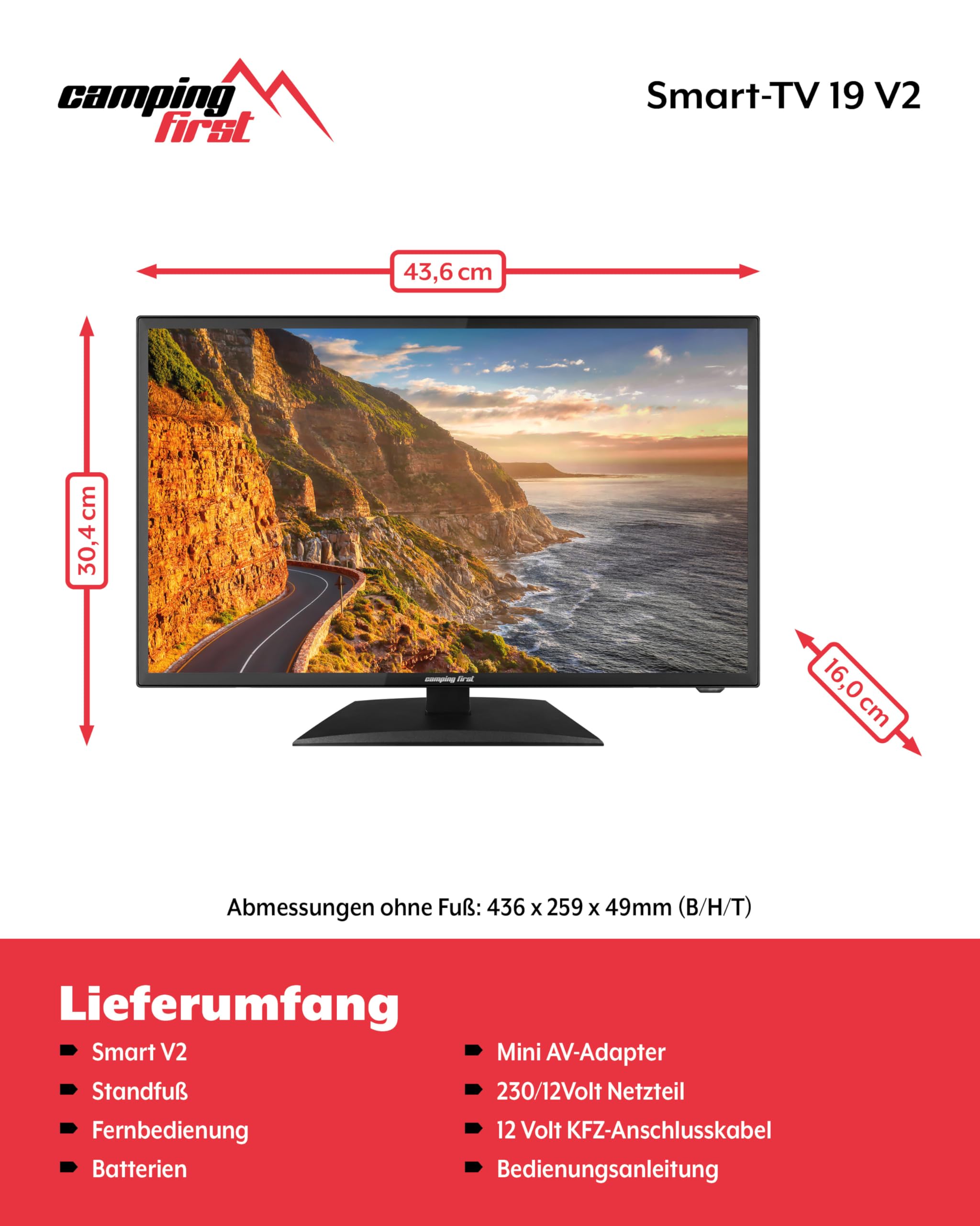 19″ Smart TV V2 – Fernseher, 48 cm, 12 Volt – Schwarz | Triple Tuner, Android 11.0, WLAN/LAN, CI+, USB, Bluetooth