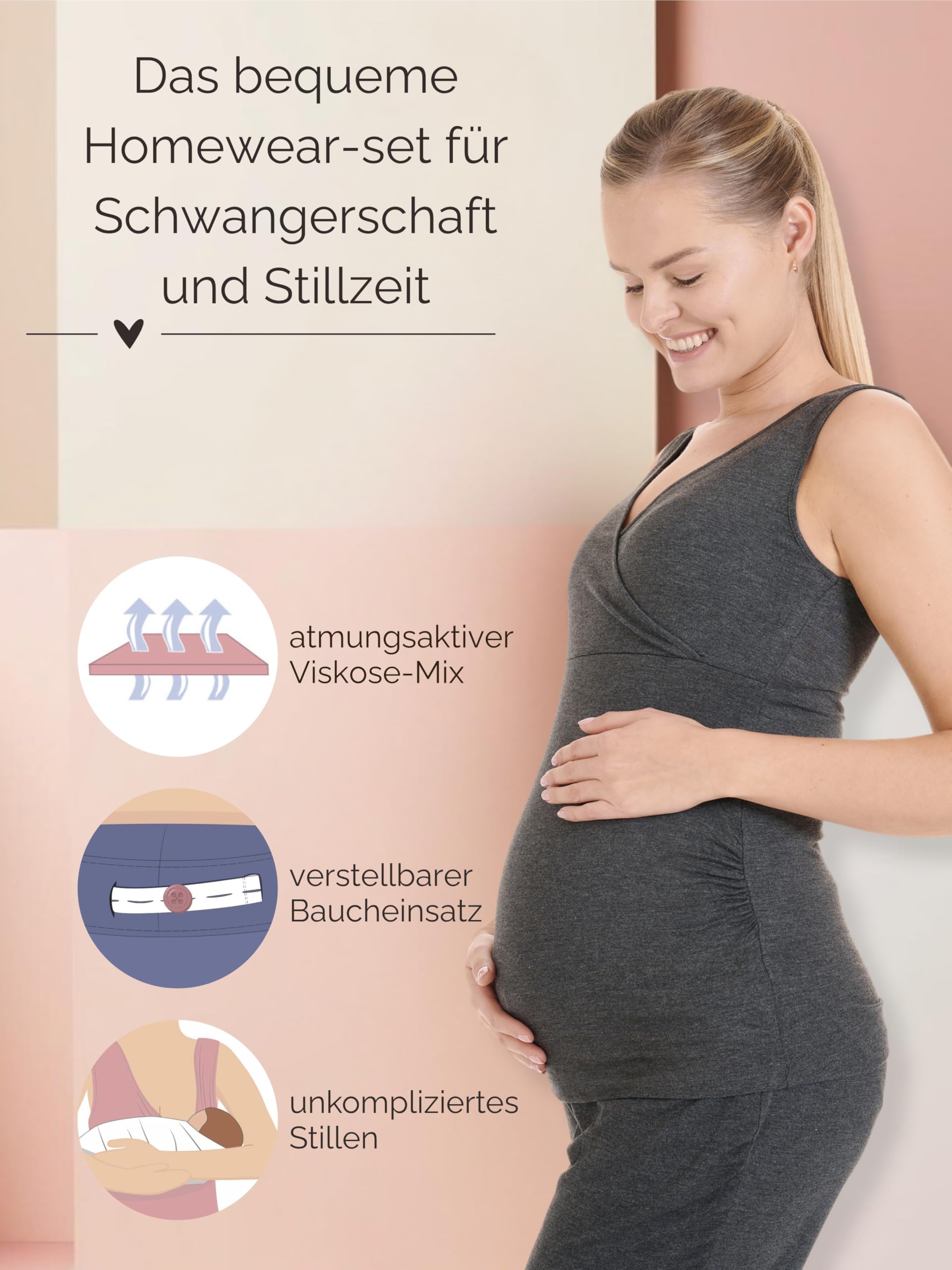 Herzmutter Stillpyjama-Set - 3-teilig - Umstands-Pyjama für Damen - Schwangerschafts-Wochenbett-Set - Hose-Top-Cardigan - 8100
