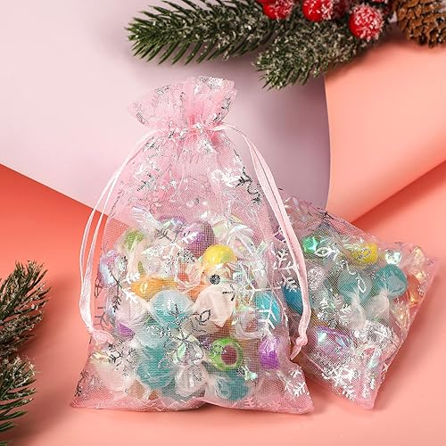 Miniatura 6 de Roowest 100 bolsas de regalo de organza rosa con copos de nieve de Navidad de 4 x 6 pulgadas, pequeñas bolsas de malla para joyas, mini bolsas de
