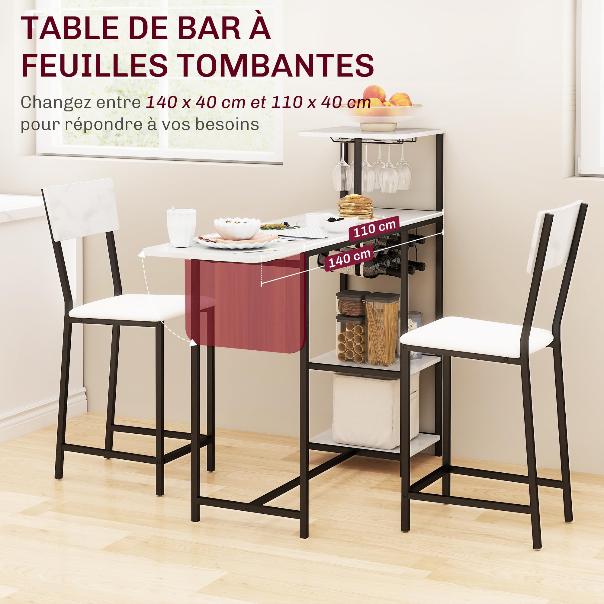 HOMCOM Ensemble Table de Bar avec tabourets, Table à Manger Debout avec 2 chaises de Bar, abattant Pliant, casiers à vin, Porte-Verres, étagères Ouvertes et Repose-Pieds, Effet marbre Blanc