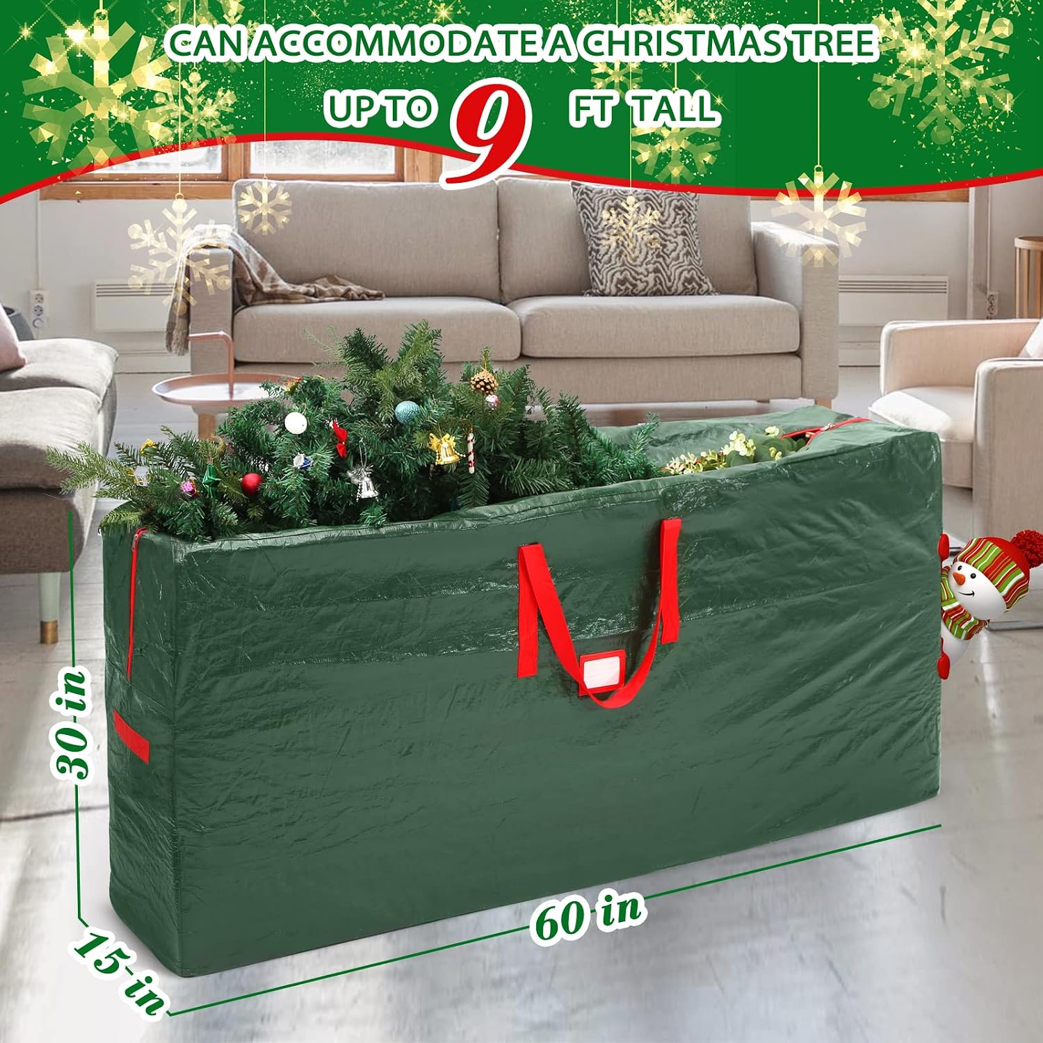 Narremcoy 9 ft Green Christmas Tree Storage Bag 65 X 15 X 30 inch, Suitable for 9 ft Artificial Christmas Trees.Durable Handles, Stainless Steel Zipper - Proof PE Polyethylene Made Christmas Tree Bag