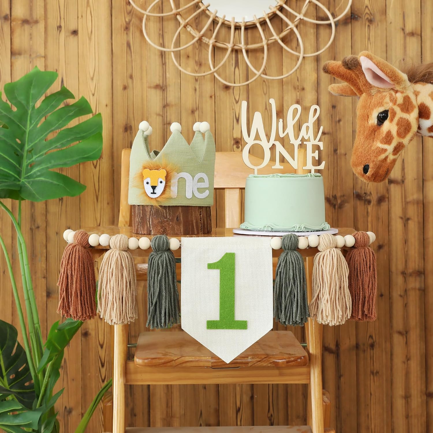 Wild One 1st Highchair Banner Wood Bead Tassel Garland Lion Crown Hat Wooden Cake Topper Birthday Party Decorations - Image 5
