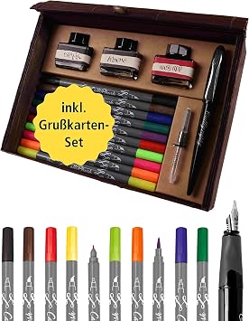Online Calligraphy Master Set all-in-one fountain pen with nib 1,4mm, 10 brush pens double tip with brush & nib, 3 ink bottles, converter, greeting set for hand lettering, black 81159