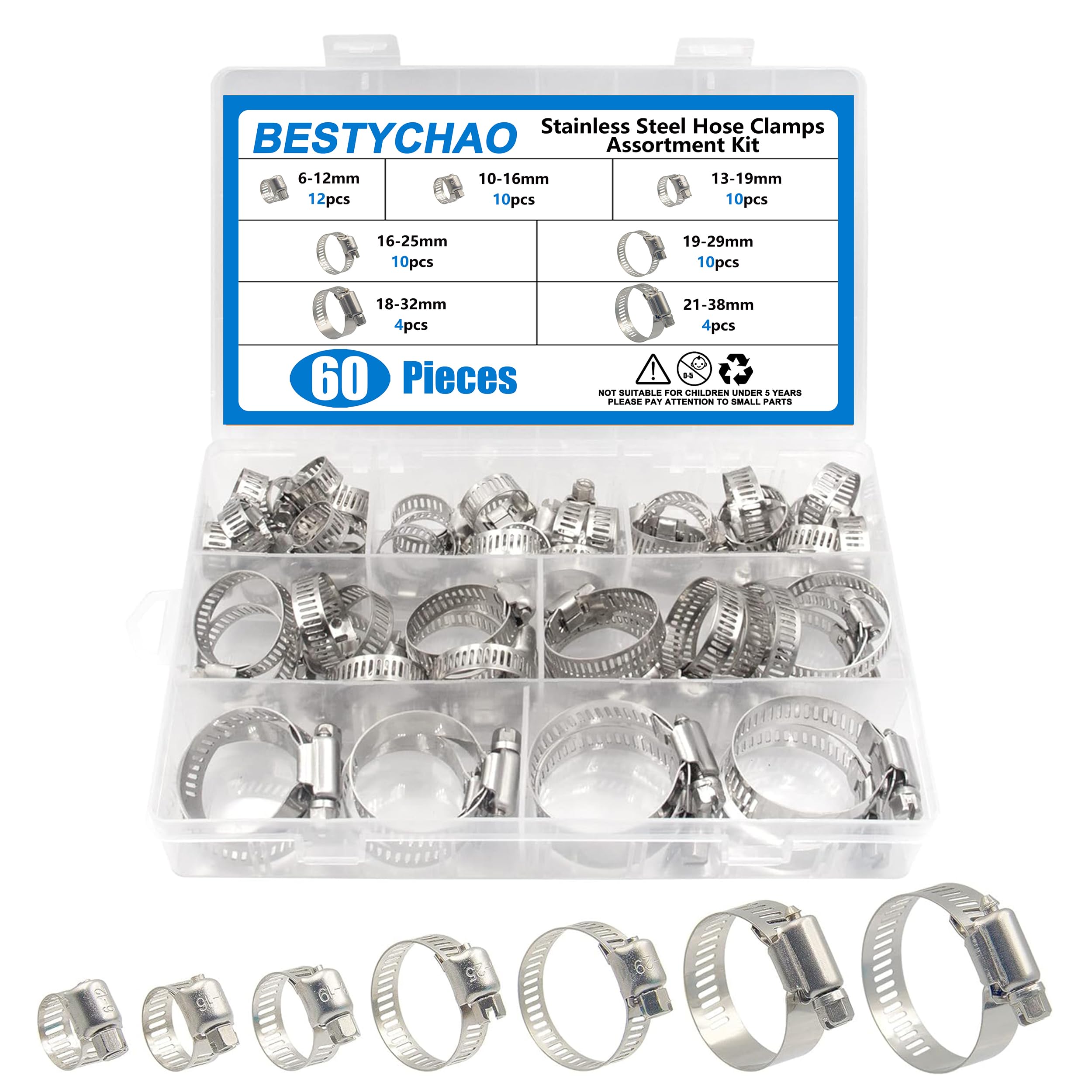 BESTYCHAO 60-teiliges Schneckengetriebe-Schlauchschellen-Sortiment aus Edelstahl mit einstellbarem Bereich 6-38mm (Silber)