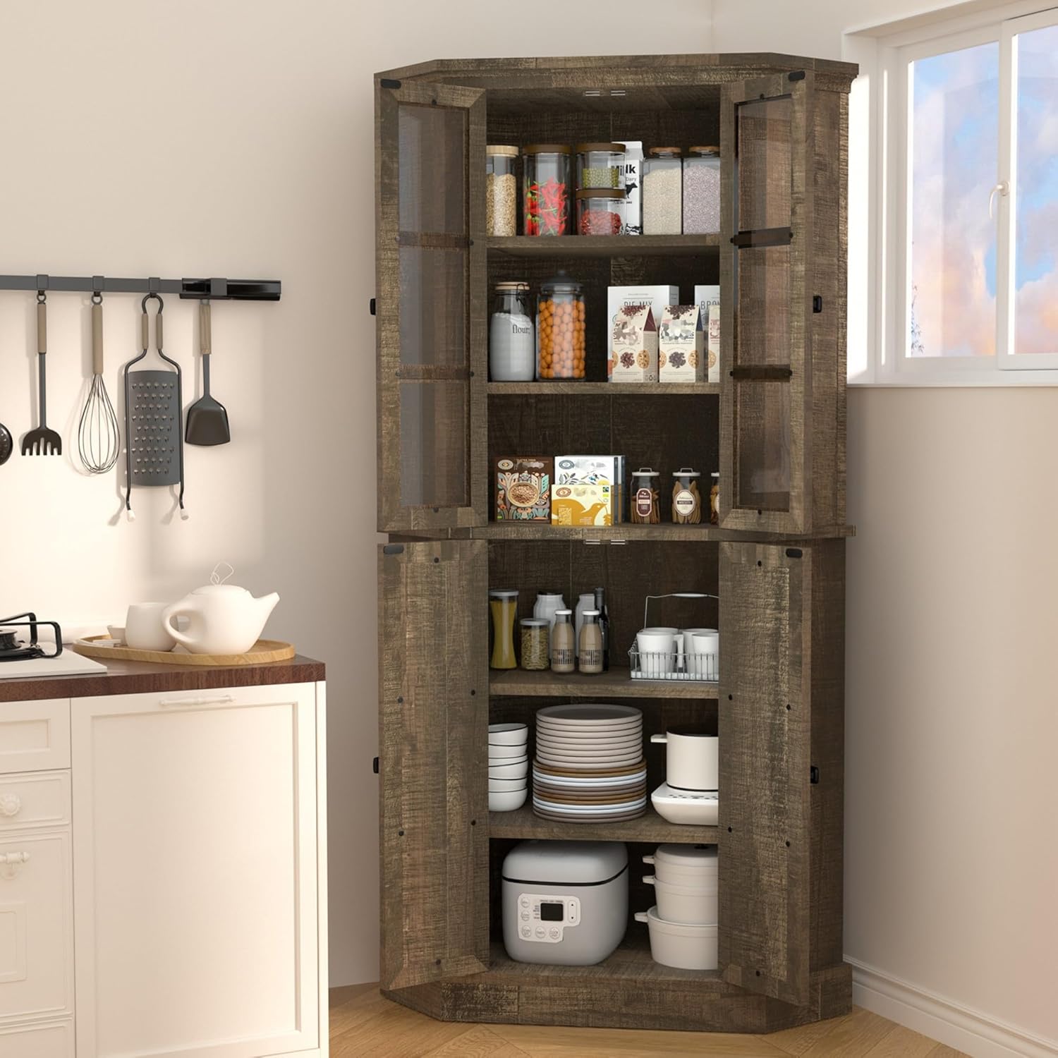Betterhood Corner Storage Cabinet, 67" Kitchen Corner Cabinet with Glass Doors, Farmhouse Tall Corner Display Cabinet with Adjustable Shelves for Dining Room, Living Room, Rustic Brown