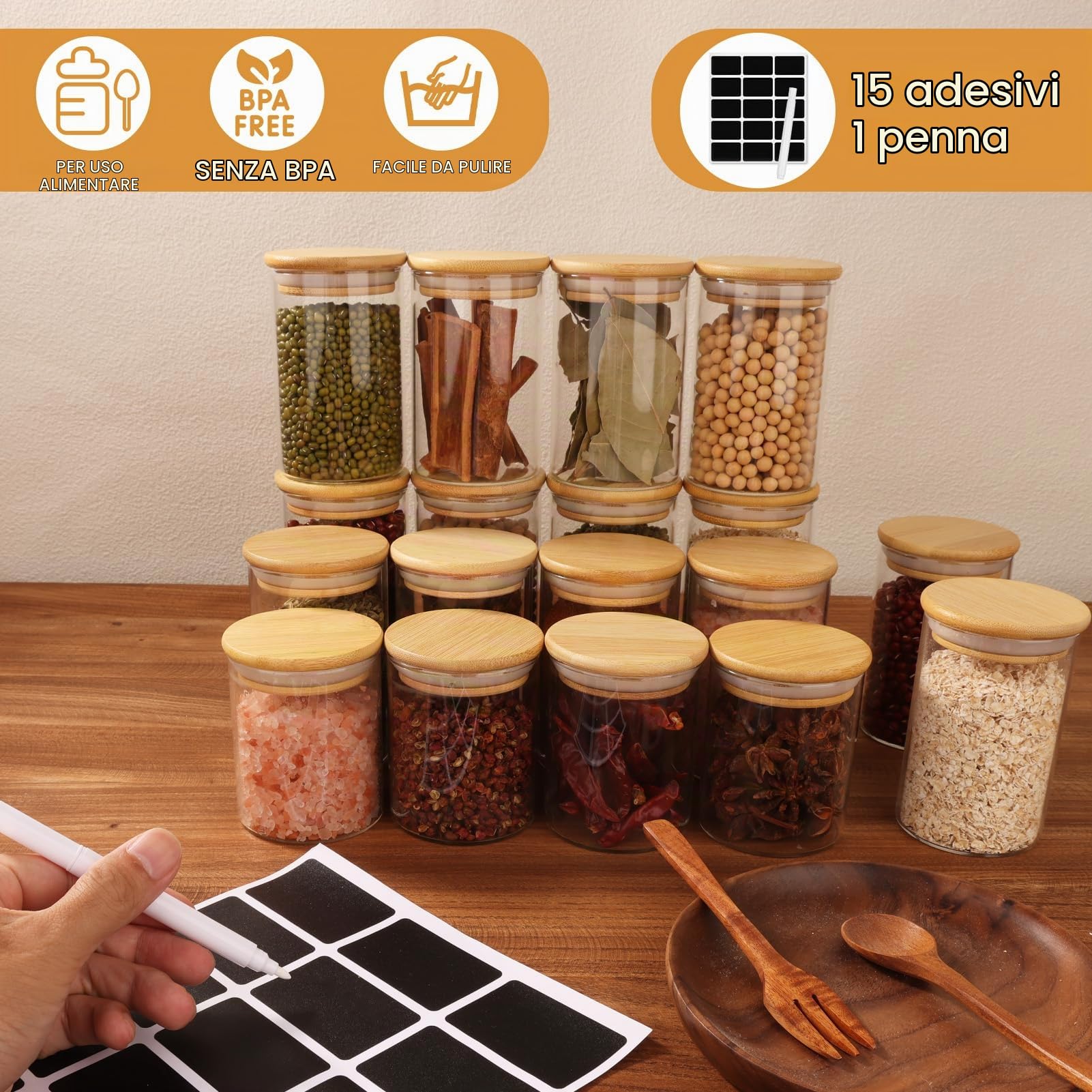 Cinnani Set da 12 Barattoli Spezie Vetro, 200ml Barattolini porta Spezie Vetro con Coperchi in Bambù, Barattoli Spezie per Cucina Ermetici, Trasparente Vasetti Spezie con Etichette