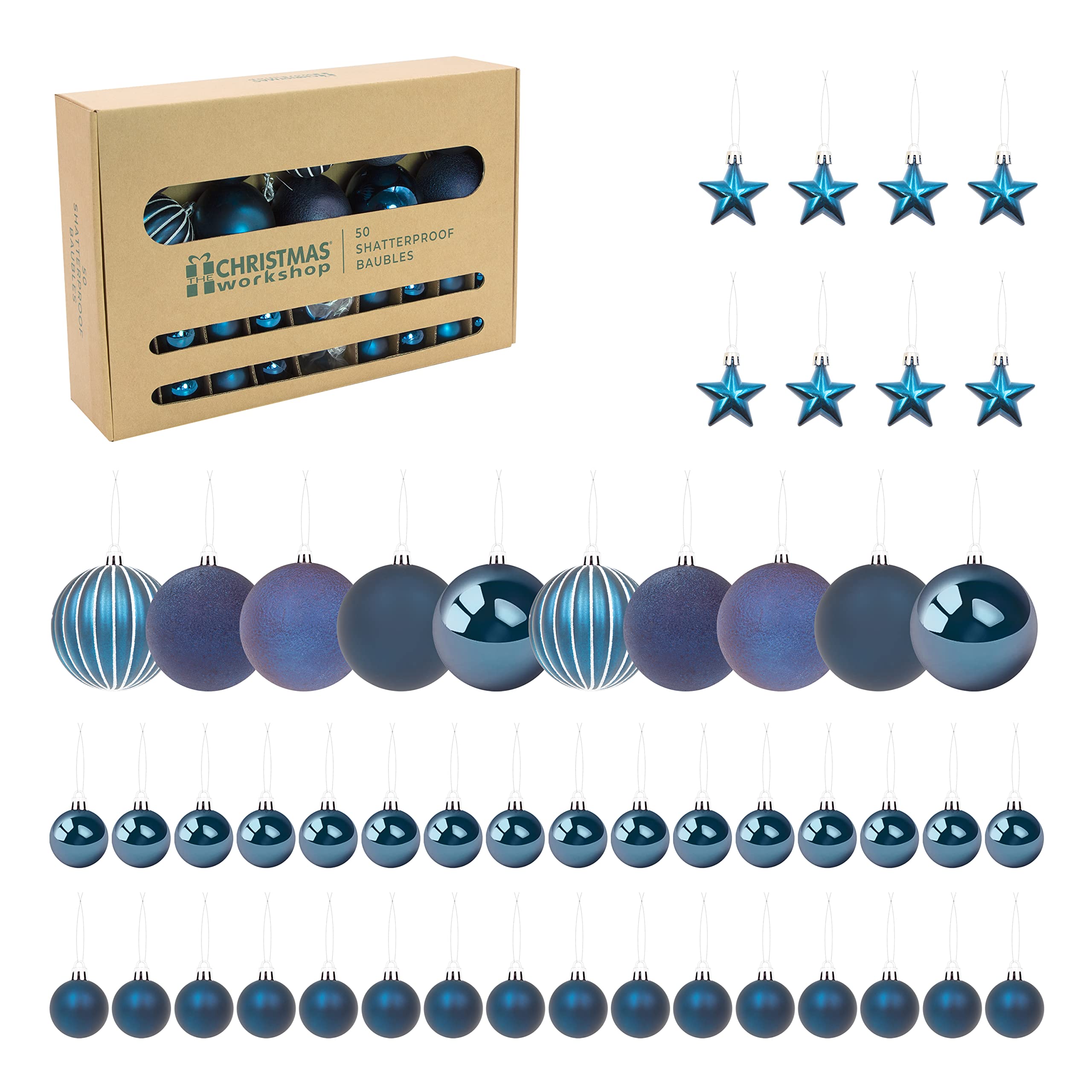 The Christmas Workshop Dark Blue Set Of 50 Shatterproof Textured Baubles/Elegant Festive Designs/Christmas Tree Decorations With Hanging String/Various Sizes And Styles (Navy)
