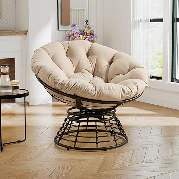 Papasan Chair with Cushion and Frame, 360 Swivel Wicker Accent Chair, Comfy Outdoor Upholstered Round Modern Oversized Reading Lounger Lazy Chair for Bedroom Living Room Porch Patio Backyard, Beige