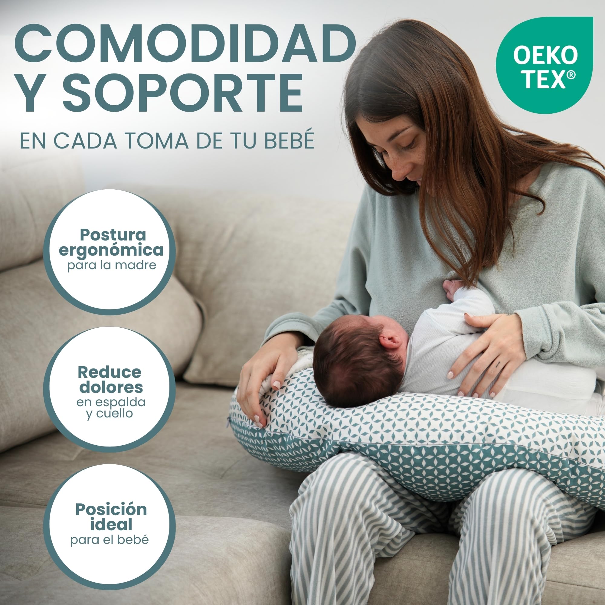 MATERNIKA Almohada Embarazada y cojin de Lactancia-XL Oeko-Tex. Multifunción 3 en 1 para Dormir, para la Lactancia y como Nido Bebe - Relleno de Espuma viscoelástica - Incluye Muselina para Bebe.