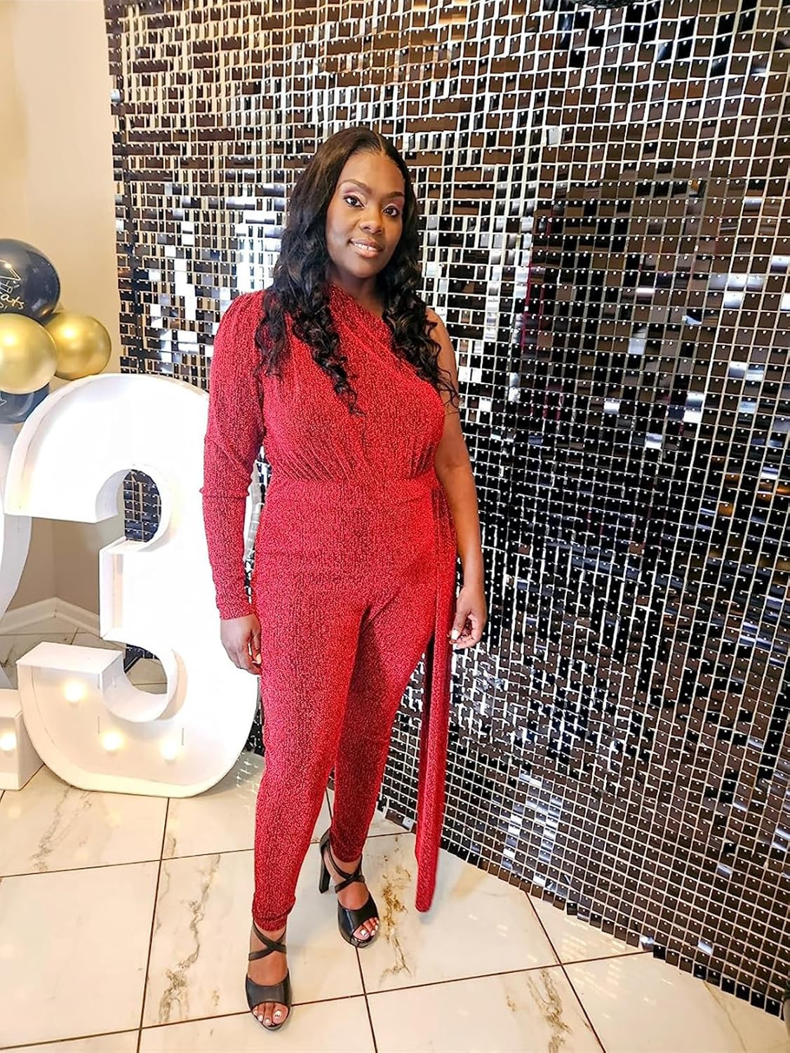 Women's Sexy Sparkly One Shoulder Long Sleeve Bodycon Jumpsuits Stretchy Long Pants Clubwear Party Rompers With Belt Rope - Image 3