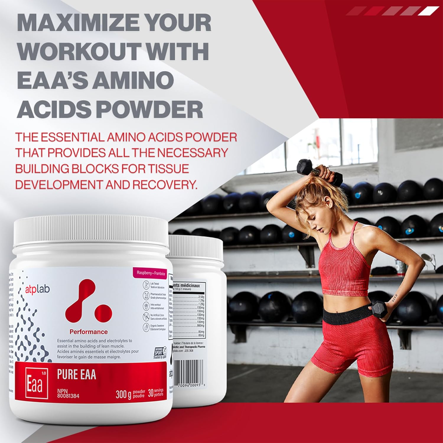 ATP LAB Pure EAA Powder, 300g - Raspberry Flavor - Complete 11 EAAs Blend - L-Lysine & L-Methionine Supplement - Essential Amino Acids with Electrolytes for Active Living and Post-Exercise Support