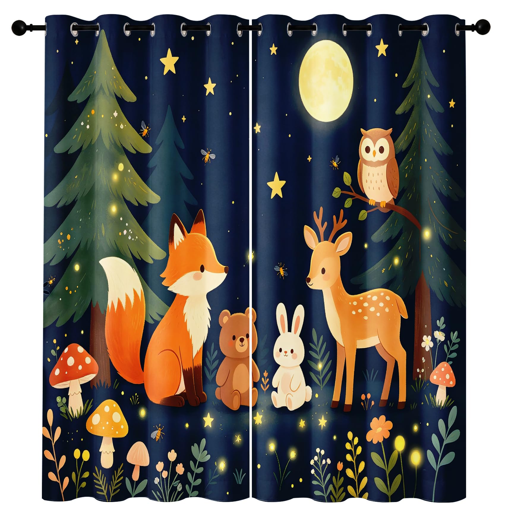 Generisch Cartoon Waldtiere Blickdichte Vorhänge mit Ösen 2 Stücke | Nacht Wald Wildtiere Thermovorhang Verdunkelung, Deko Gardinen für Schlafzimmer Wohnzimmer Kinderzimmer 214 x 132 (HxB)