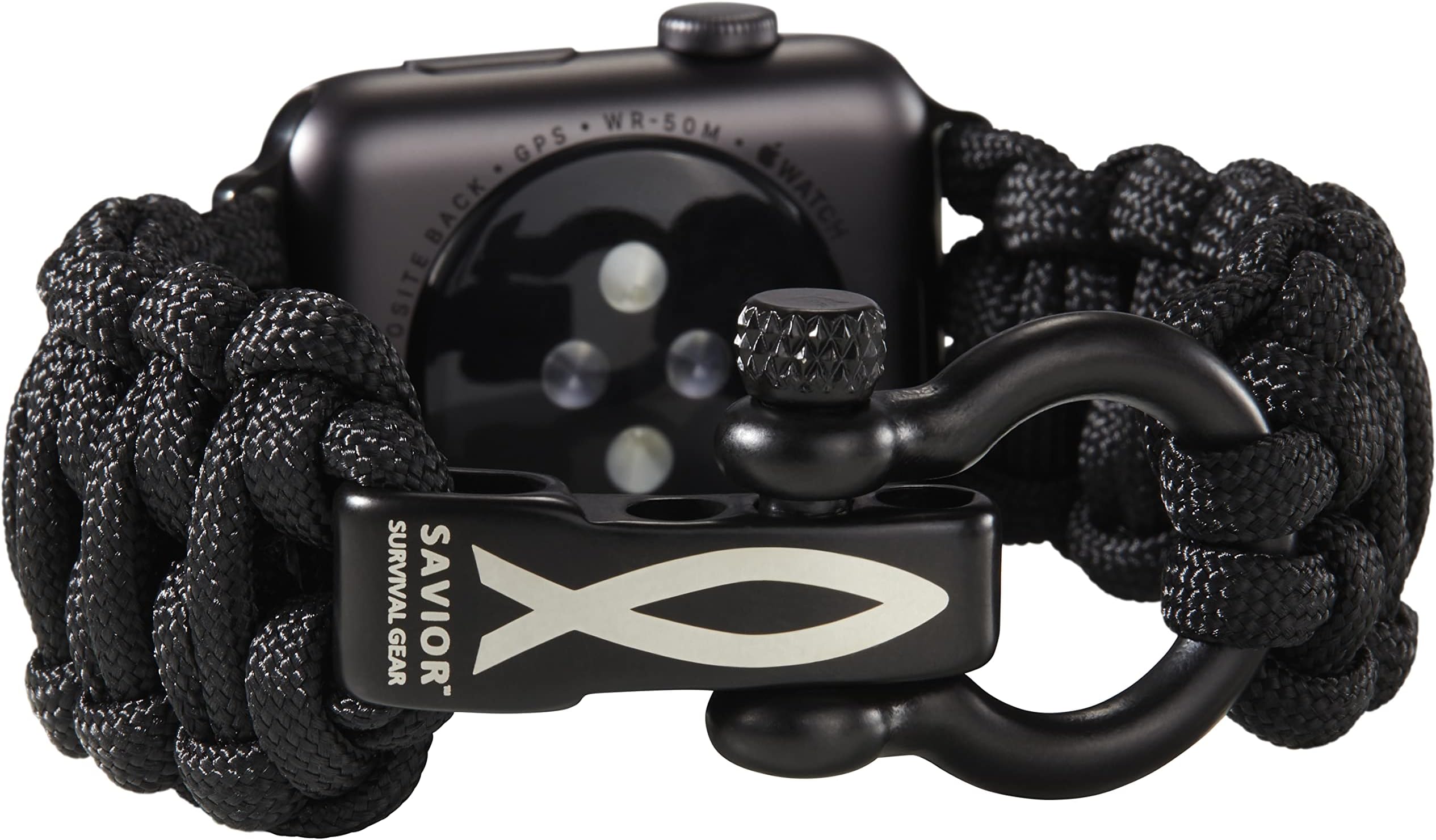 Savior Survival Gear Paracord Watch Band Compatible with Apple Watch 38mm, 40mm Apple Watch, and 41mm Apple Watch - Paracord Watch Band with Stainless Steel Adjustable Shackle (Black, Large)