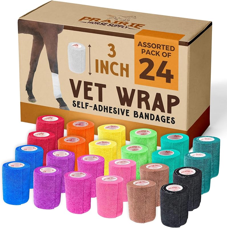 Fita Autoadesiva para Curativos Veterinários Vet Wrap Prairie Horse Supply, 7,62 cm x 4,57 m, Cores Sortidas, Pacote com 24