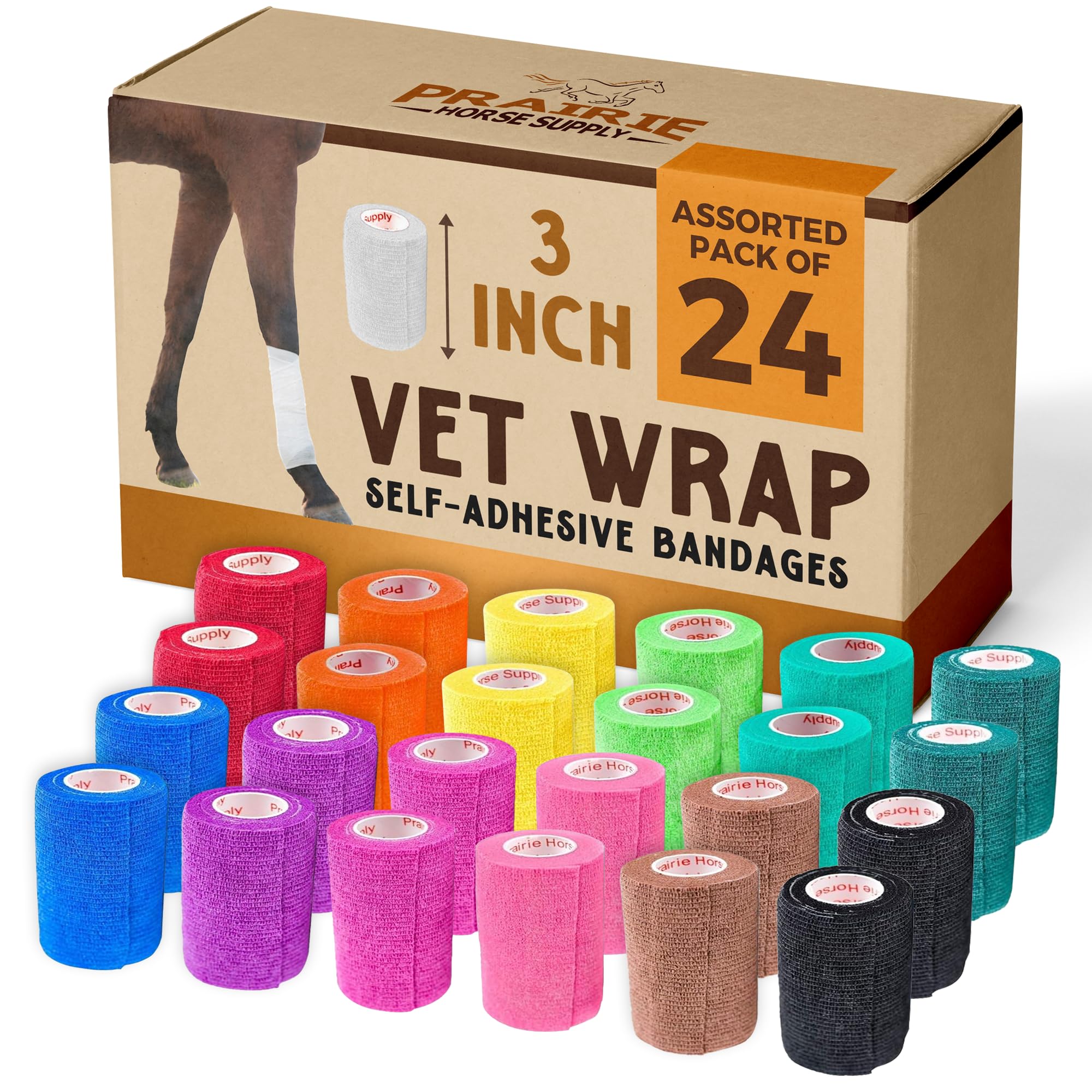 3 Inch Vet Wrap Tape Bulk (Assorted Colors) (Pack of 24) Self Adhesive Adherent Adhering Flex Bandage Grip Roll for Dog Cat Pet Horse