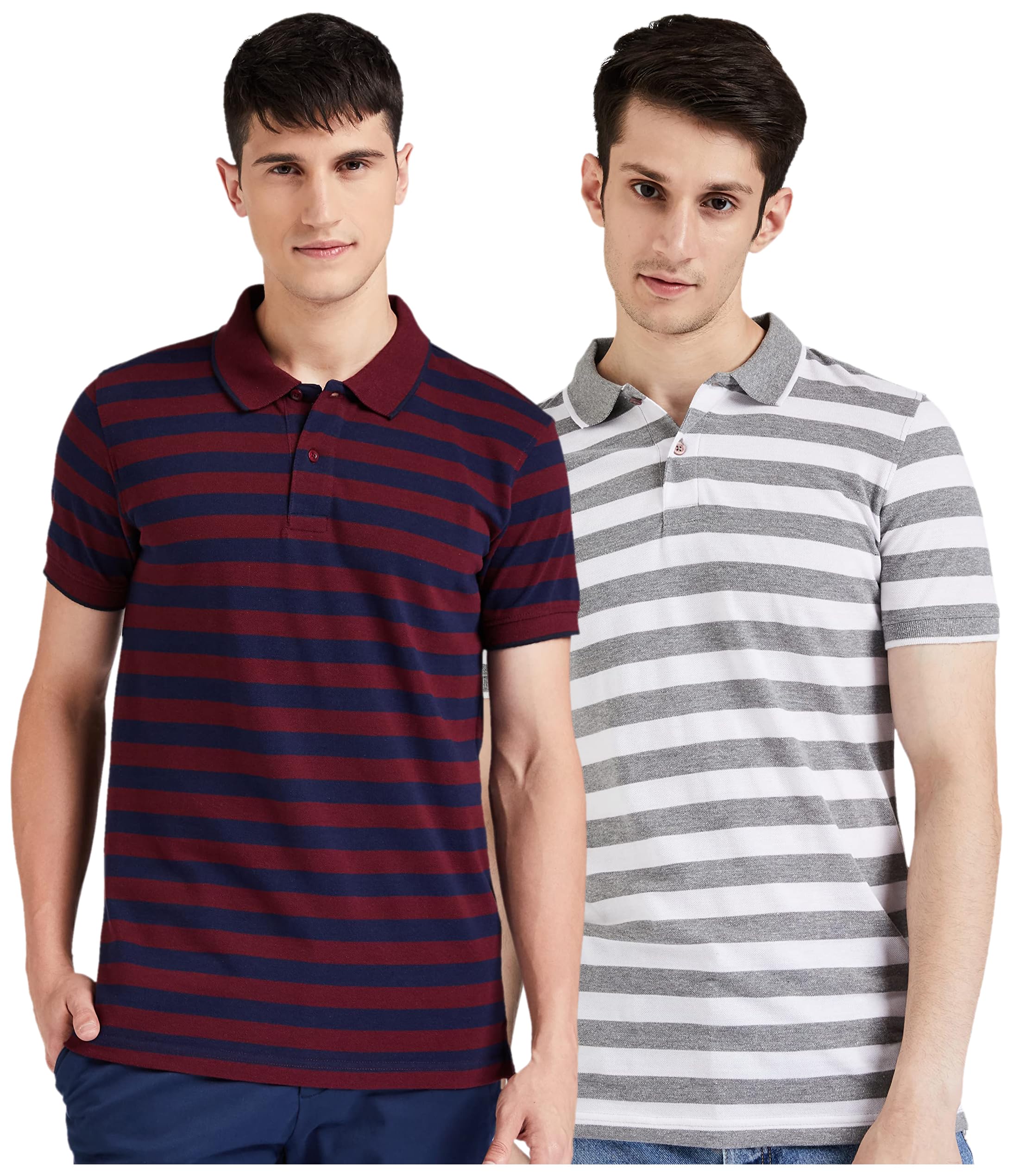 amazon brand - symbol Men's Cotton Rich Striped Polo T Shirt | Collar Tshirts | Half Sleeves - Regular Fit (Pomegrante and Peacot Blue + Mid Grey and White_XL) (Combo Pack of 2)-picture-50