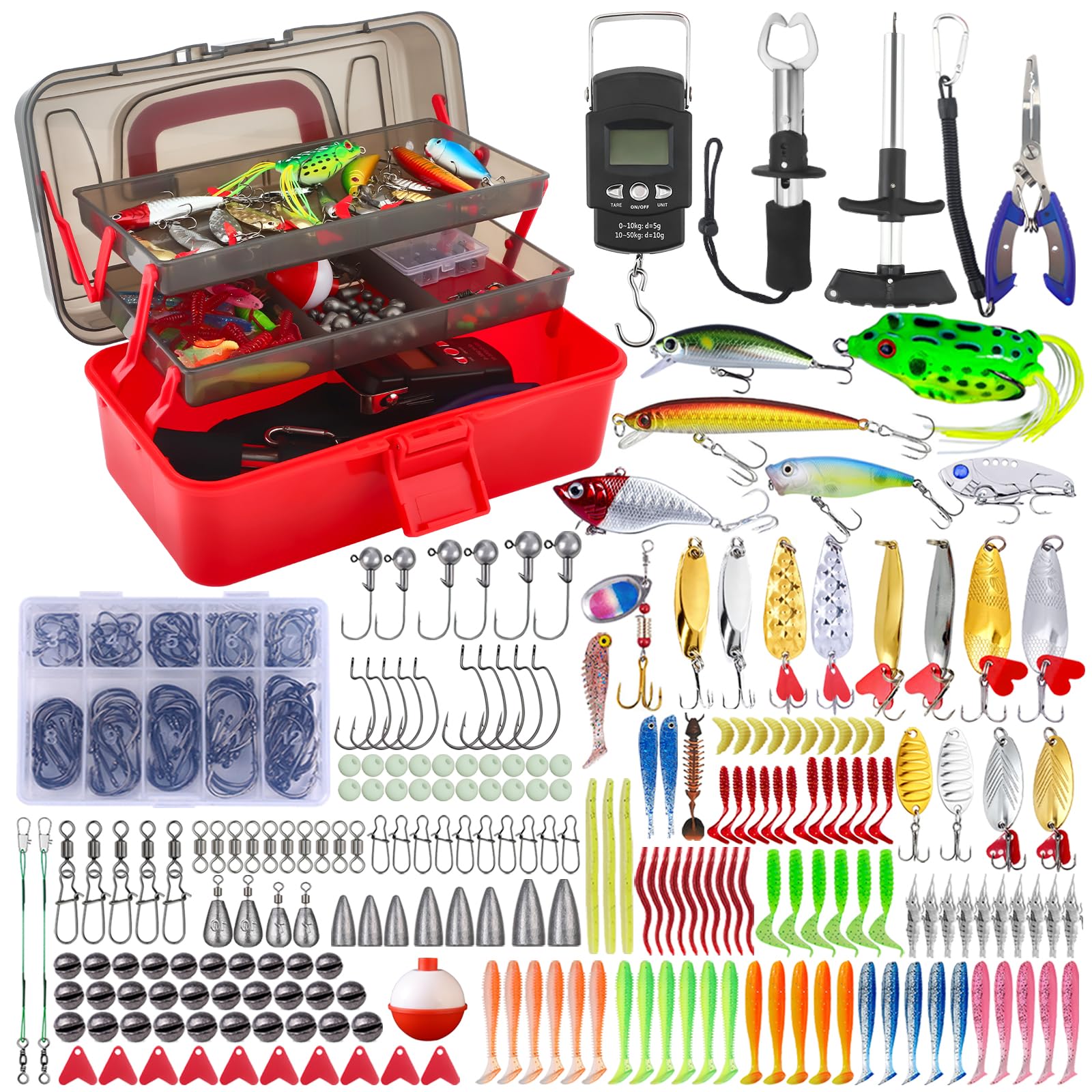 Lot de 314 accessoires de pêche avec boîte à appâts, kit d'appâts de pêche et kit d'outils avec clips à lèvres, extracteur d'hameçon, cuillère, cuillère, spinner, jigs, équipement de pêche pour