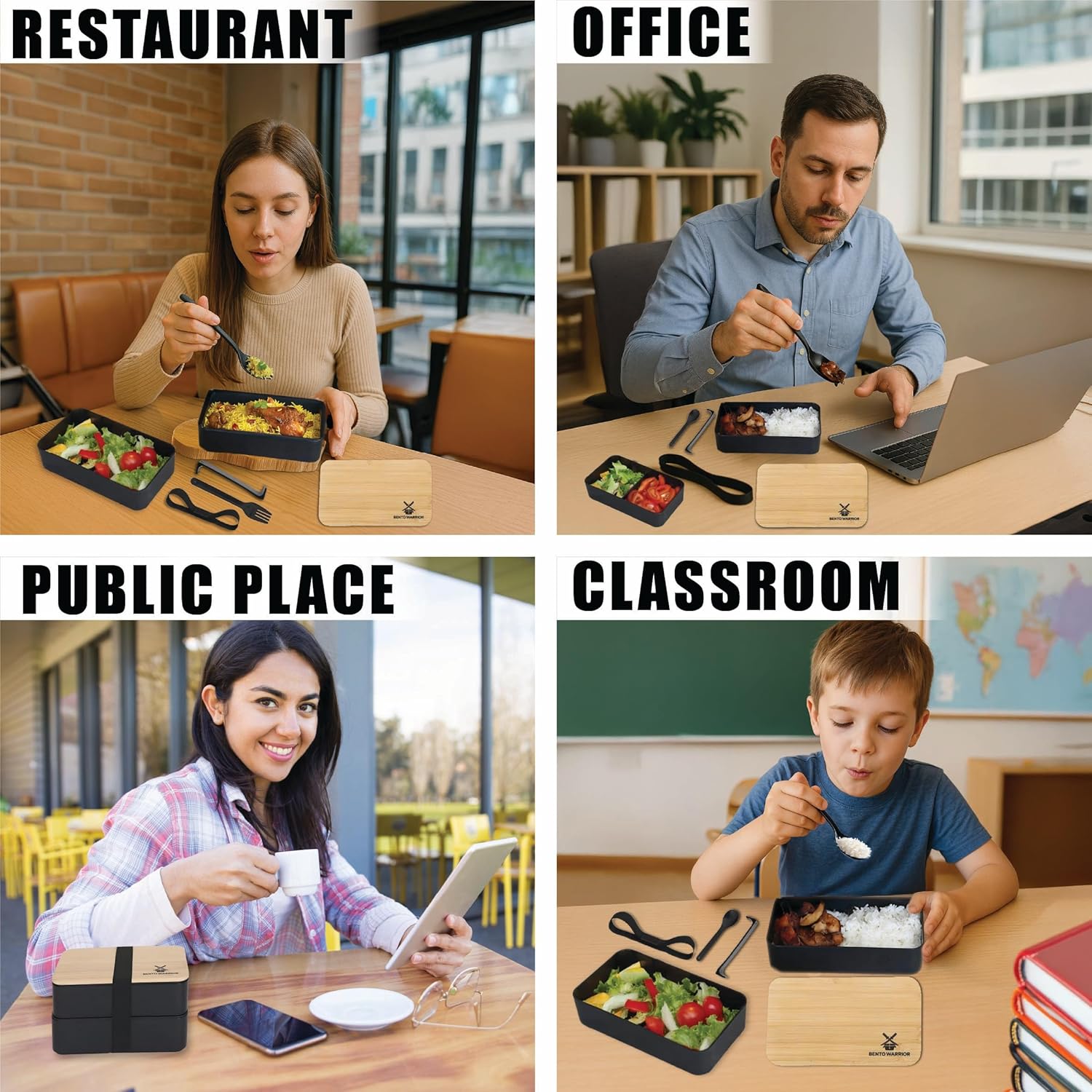 Bento Box Adult Lunch Box Set with Compartments – Stackable Dual-Layer Lunch Containers for Men & Women, Lightweight & Durable, Black Base & Wood Grain Lid, for Work, School, Travel, Meal & Prep - Image 6