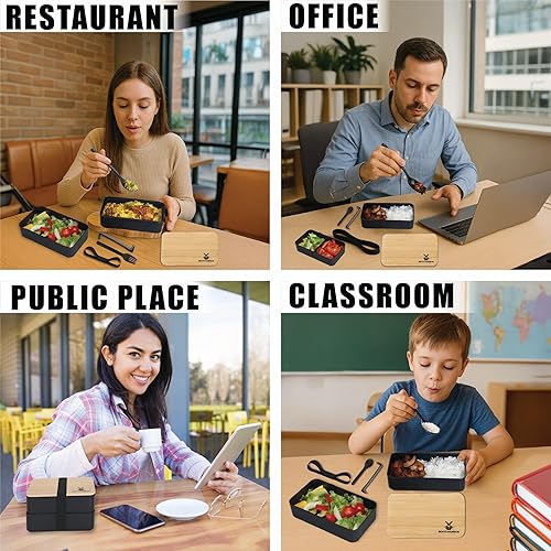 Miniatura 6 de Lonchera Bento Box para adultos con compartimentos, contenedores apilables de doble capa para hombres y mujeres, ligero y duradero, base negra y