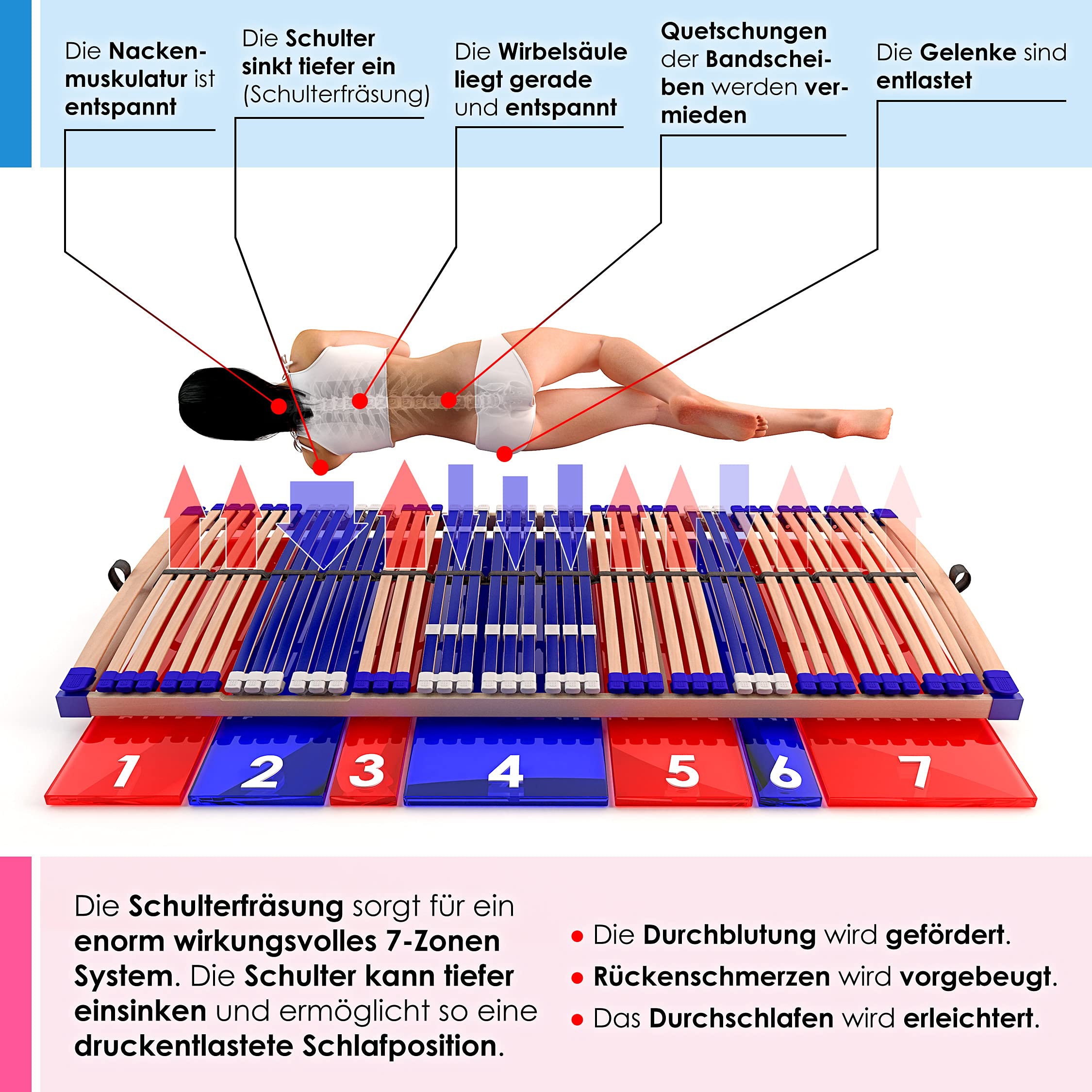 elektrischer Lattenrost 100% BUCHE - Kopf- u. Fußteil elektrisch verstellbar - SCHULTERFRÄSUNG, 7 Zonen, 44 Federleisten, Härteregulierung, Mittelgurt - Motor Comfort 44® - fertig montiert (90x200)