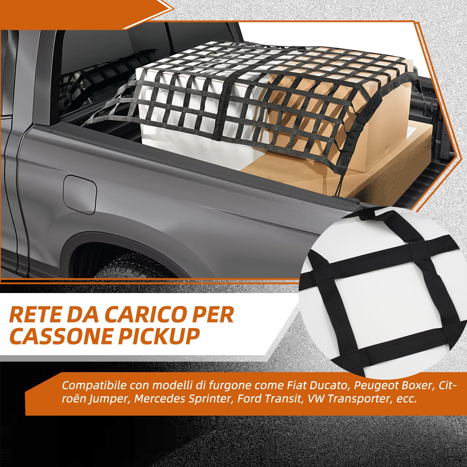 Rete carico 208x127cm – regolabile, 4 ganci & cinghie, per Ducato/Boxer/Jumper