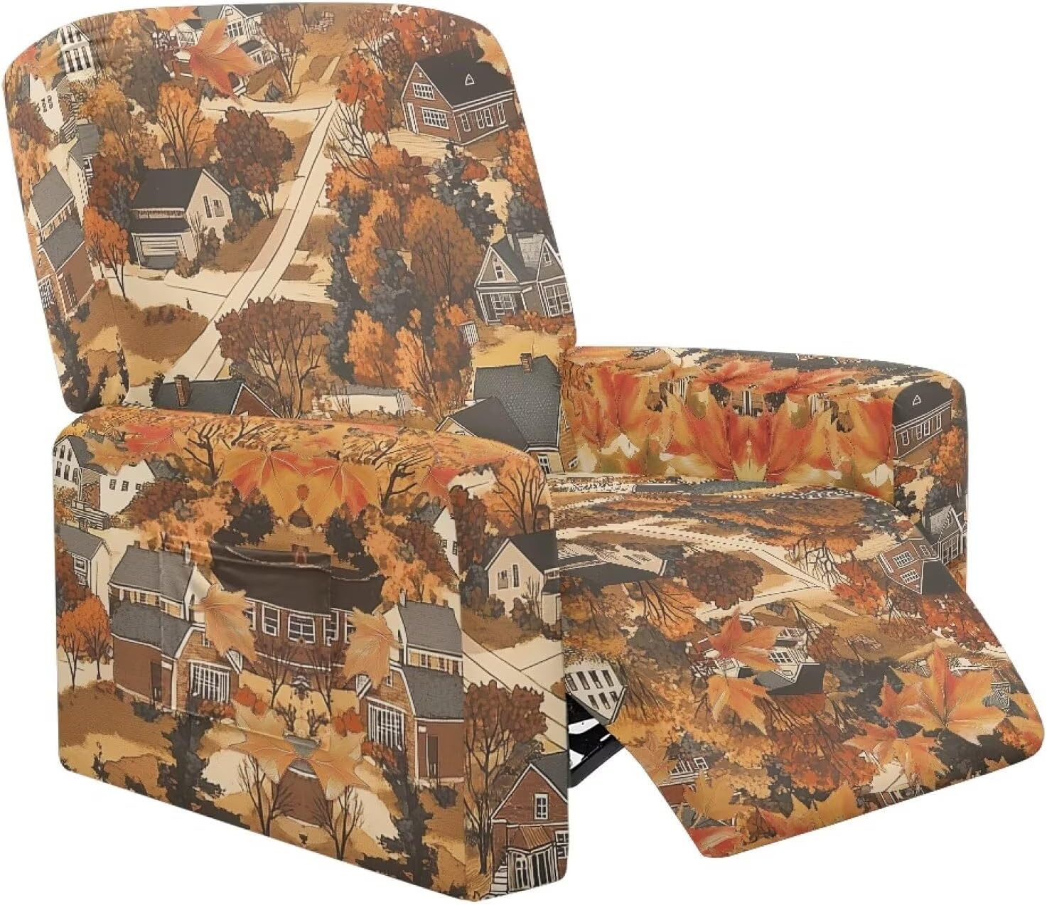 FOR U DESIGNS Fall Village Recliner Chair Covers 4 Pieces Sofa Slipcover Washable Fabric with Side Pockets Universal Fit Reclining Protector Pet Hair Resistant