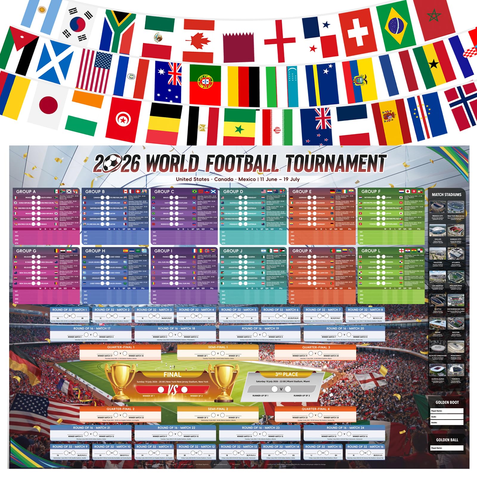 AhfuLife Extra Large World Cup Wall Chart for Party Decorations 2026-100 x 70cm World Cup WallChart Schedule Poster - Includes 48 Teams Group Knockout Final Results Wall Calendar for Football Fans — view 8
