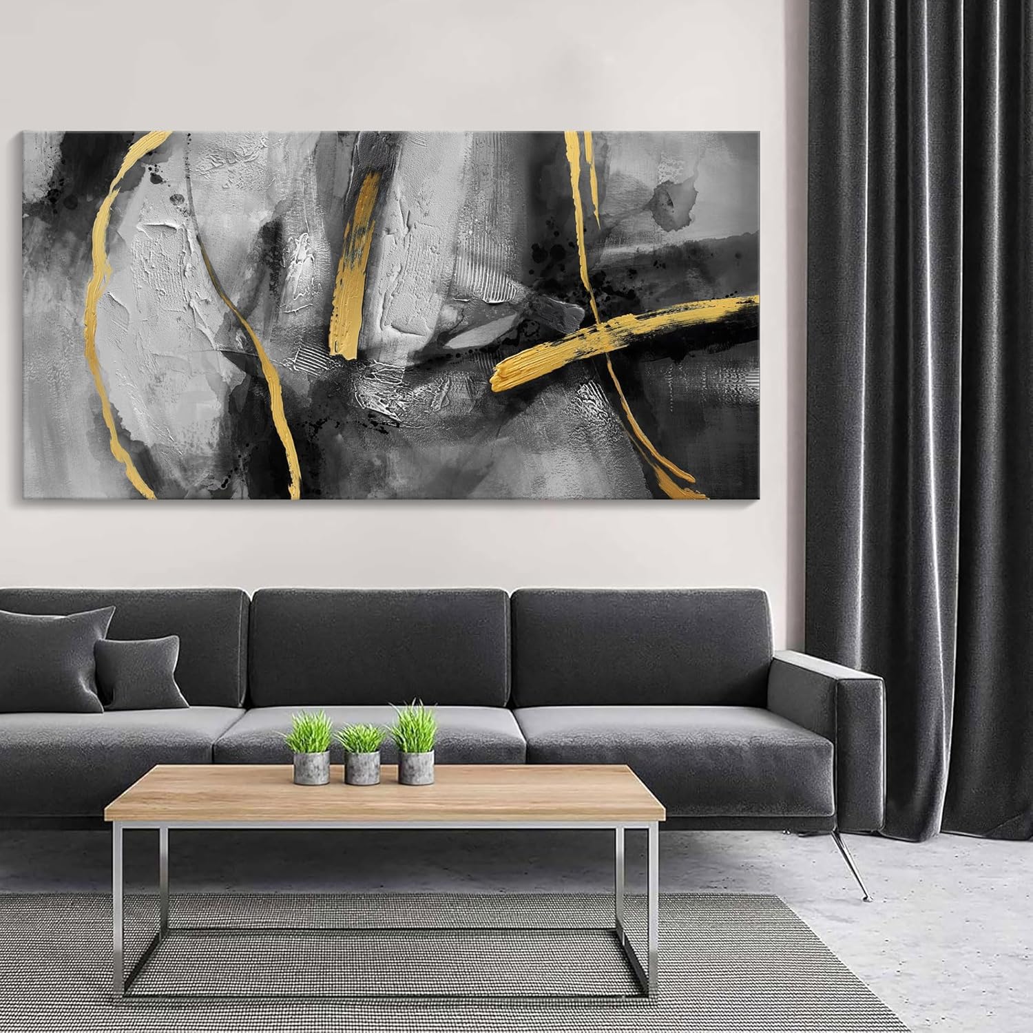 Large Canvas Wall Art Decor - Abstract Black and Gray Wall Pictures Living Room Hand-Painted Dream Painting Golden Canvas Prints as Bedroom Kitchen Dining Room Cafe Home Decor 24X48 In 48"L x 24"W Black Gold Abstract Wall Art