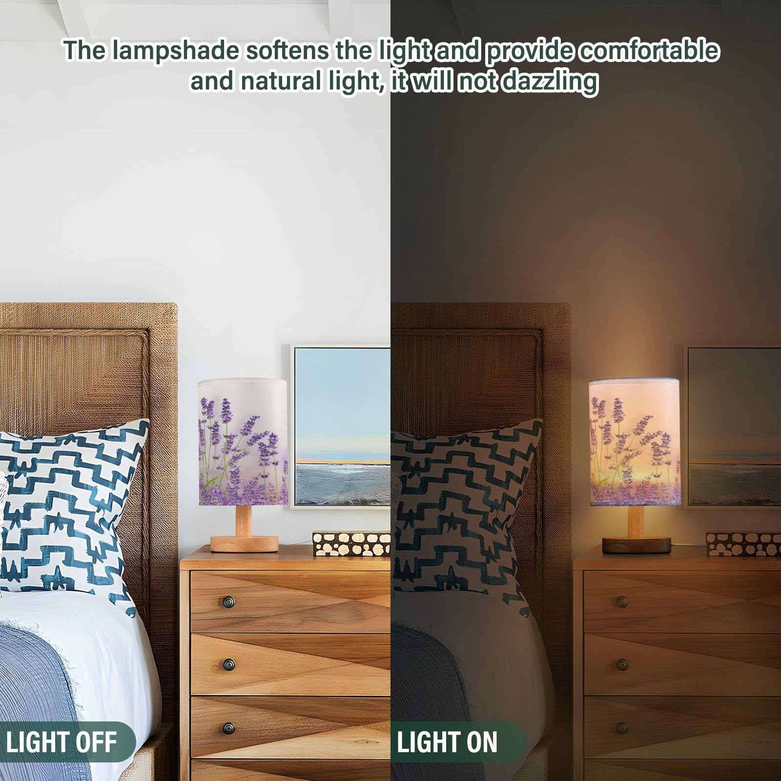 YETTASBIN Lámpara de mesita de noche de lavanda morada, pequeña luz LED de escritorio, lámpara de mesita de noche USB con base de madera antideslizante y pantalla agradable para los ojos para sala de
