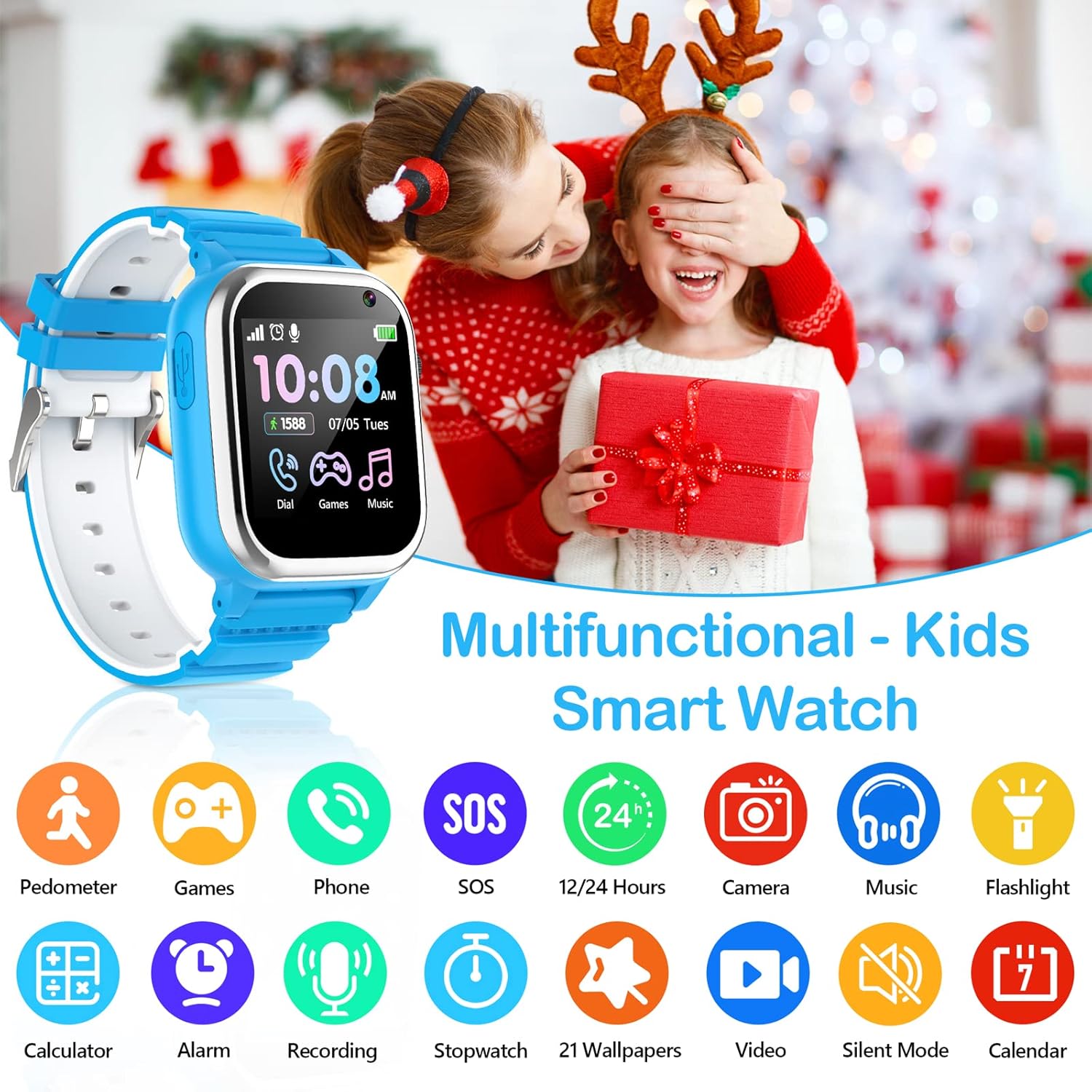 ELEJAFE Smartwatch Bambini 26 Giochi, Orologio Intelligente Bambini con SOS, Musica, Telefono, Fotocamera, Sveglia, Smart Watch Bambini Touch Screen Regalo 3-12 Anni