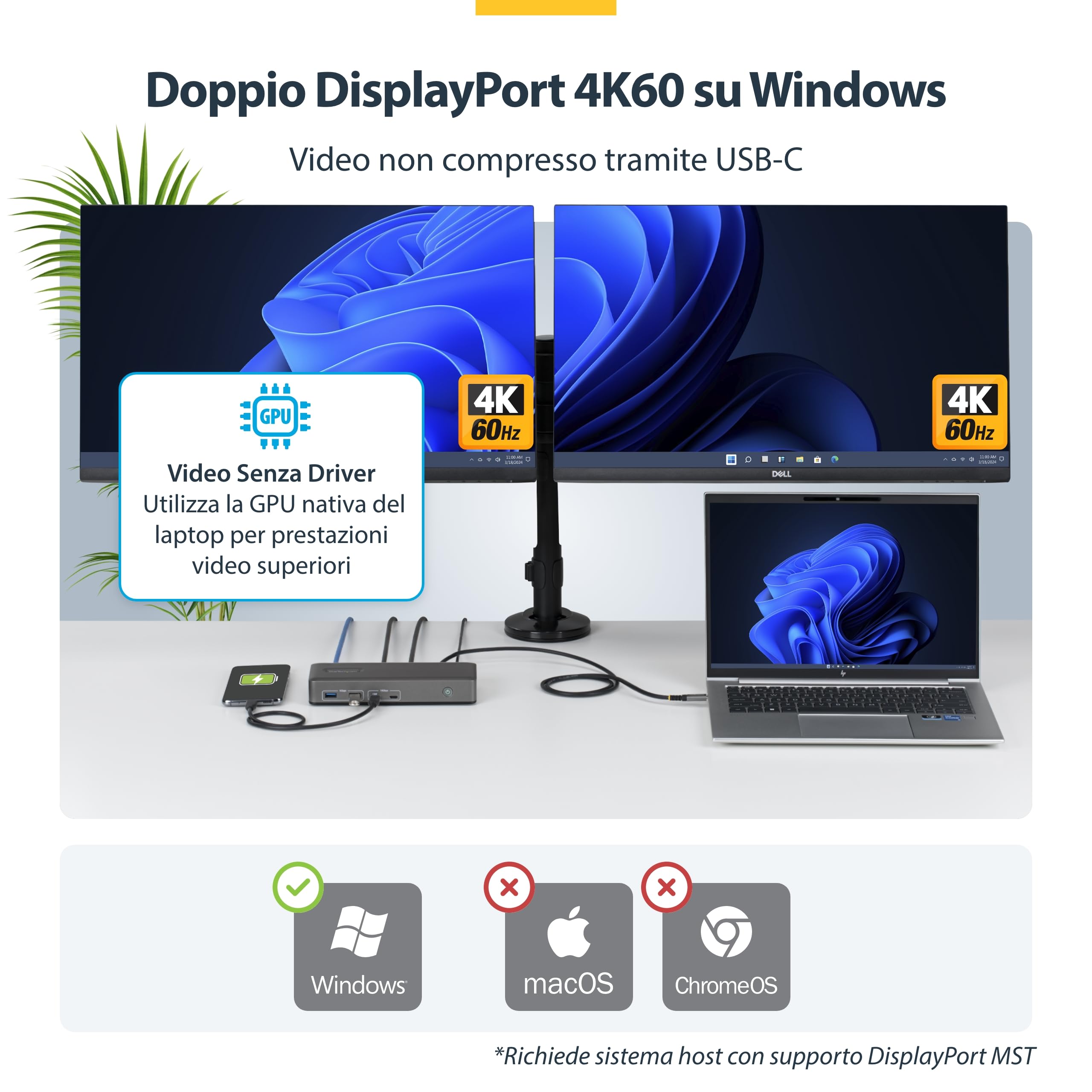 StarTech Dock USB-C Driverless Doppio 4K 60Hz DisplayPort, 100W, Bloccabile | Due uscite DisplayPort 4K a 60Hz, Ideale per laptop Windows, Power Delivery, Doppio monitor