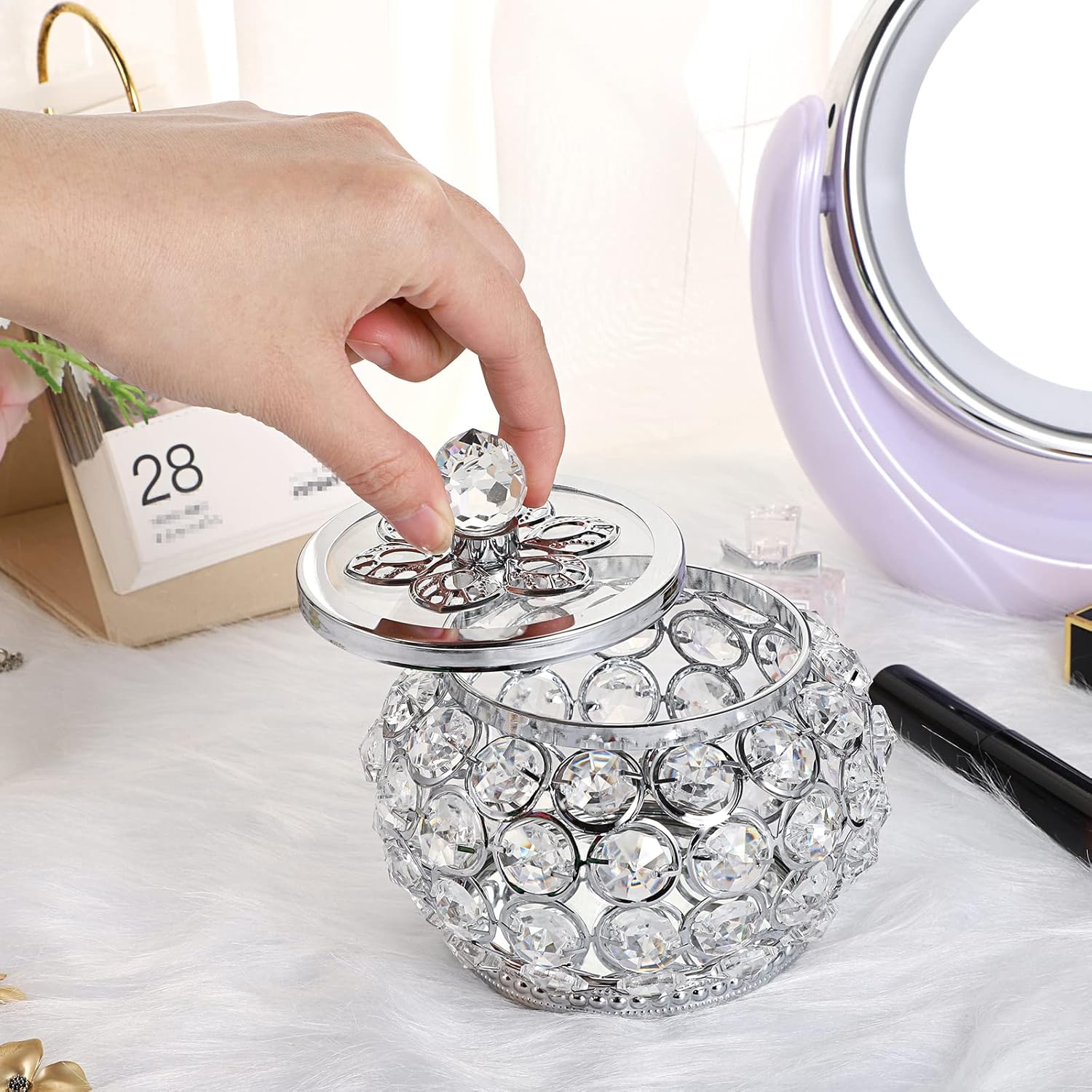 Hipiwe Crystal Jewelry Box with Glass Lid Small Trinket Organizer Mirrored Treasure Box Ring Holder Earrings Necklace Storage Box Keepsake Gift Box for Home Dresser Decor, Silver - Image 3