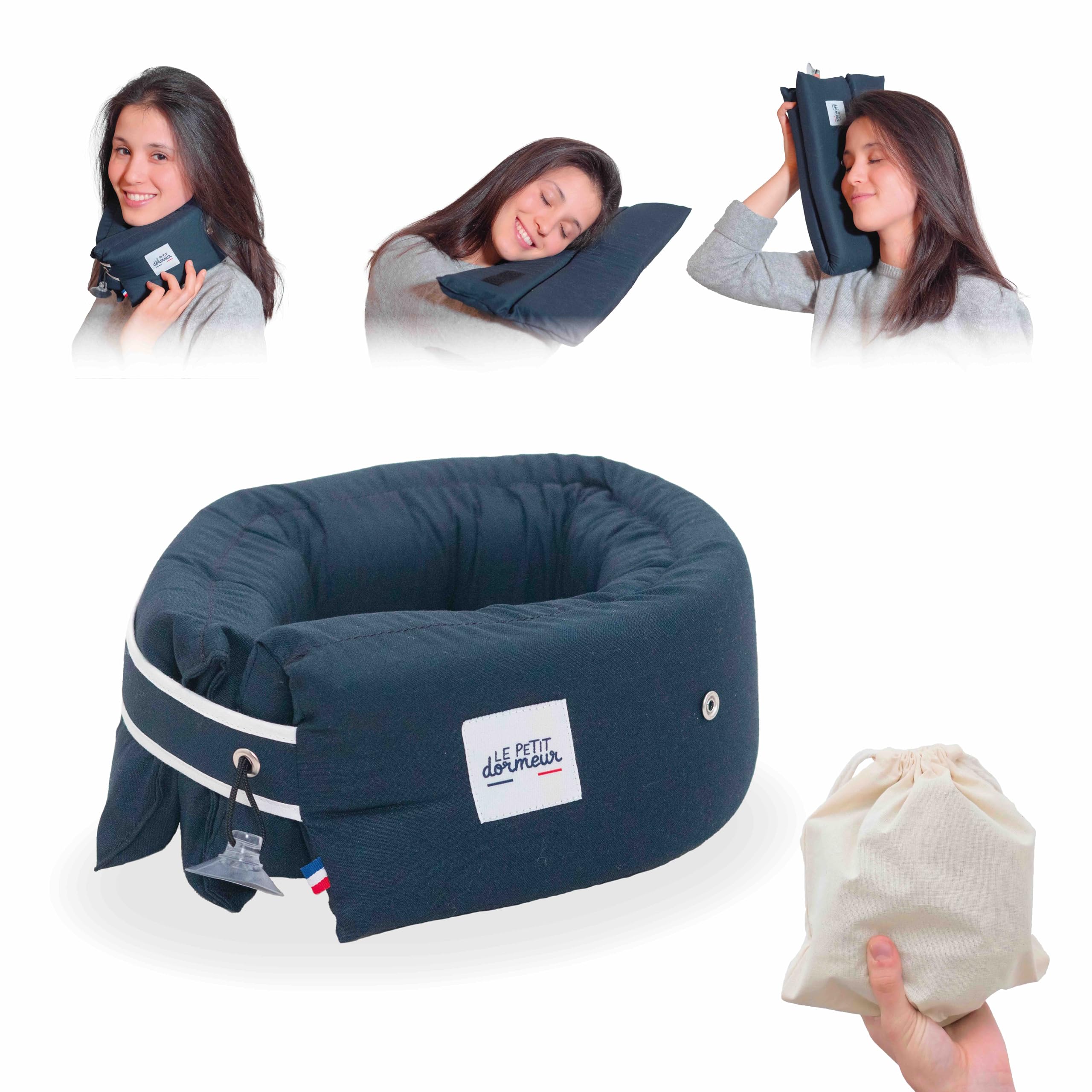 Coussin de Voyage Coussin Avion Ergonomique 3 en 1 - Oreiller de Voyage Ultra Confort - Pratique & Compact - Fabriqué en France - Lavable en Machine - Bleu Nuit