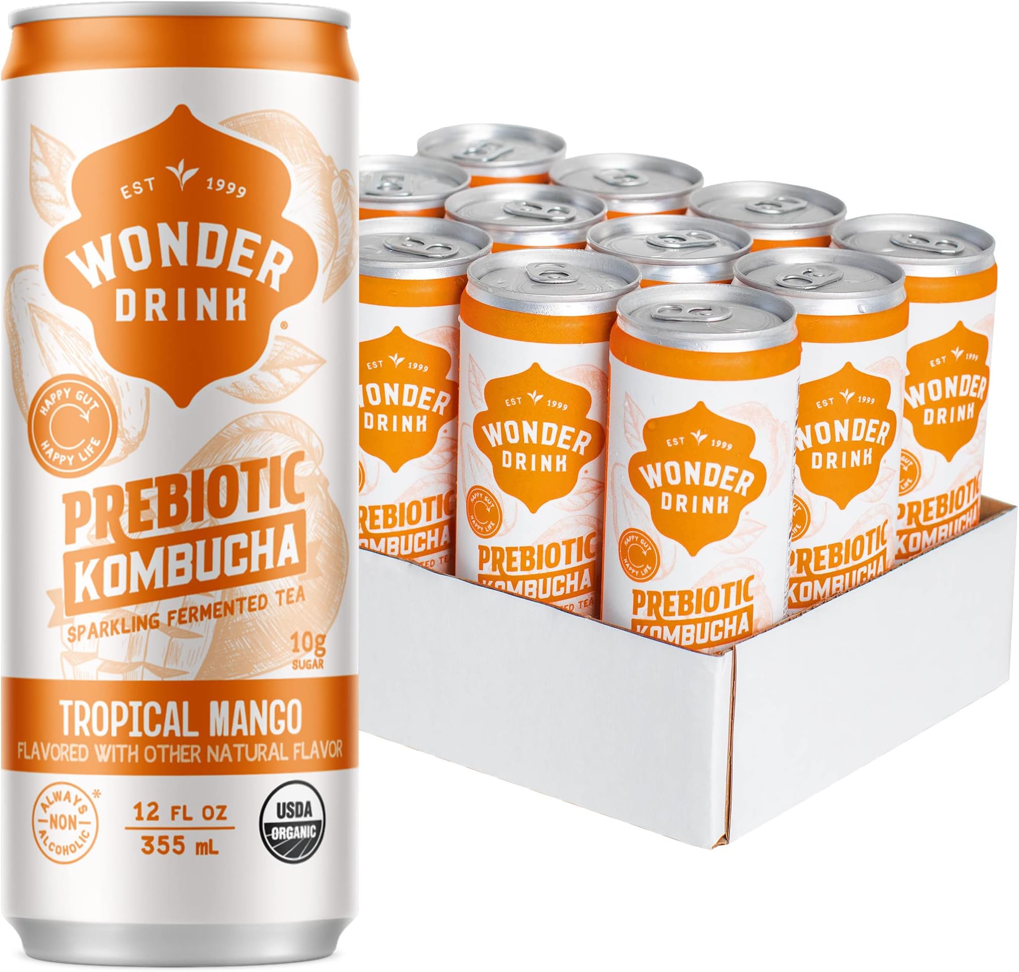 Wonder Drink Organic Kombucha Plant-Based Prebiotic Gut Health Sparkling Fermented Tea Low Calorie & Low Sugar Soda Alternative, Digestive Health Benefits, Non-Alcoholic Tropical Mango,12oz Pack of 12