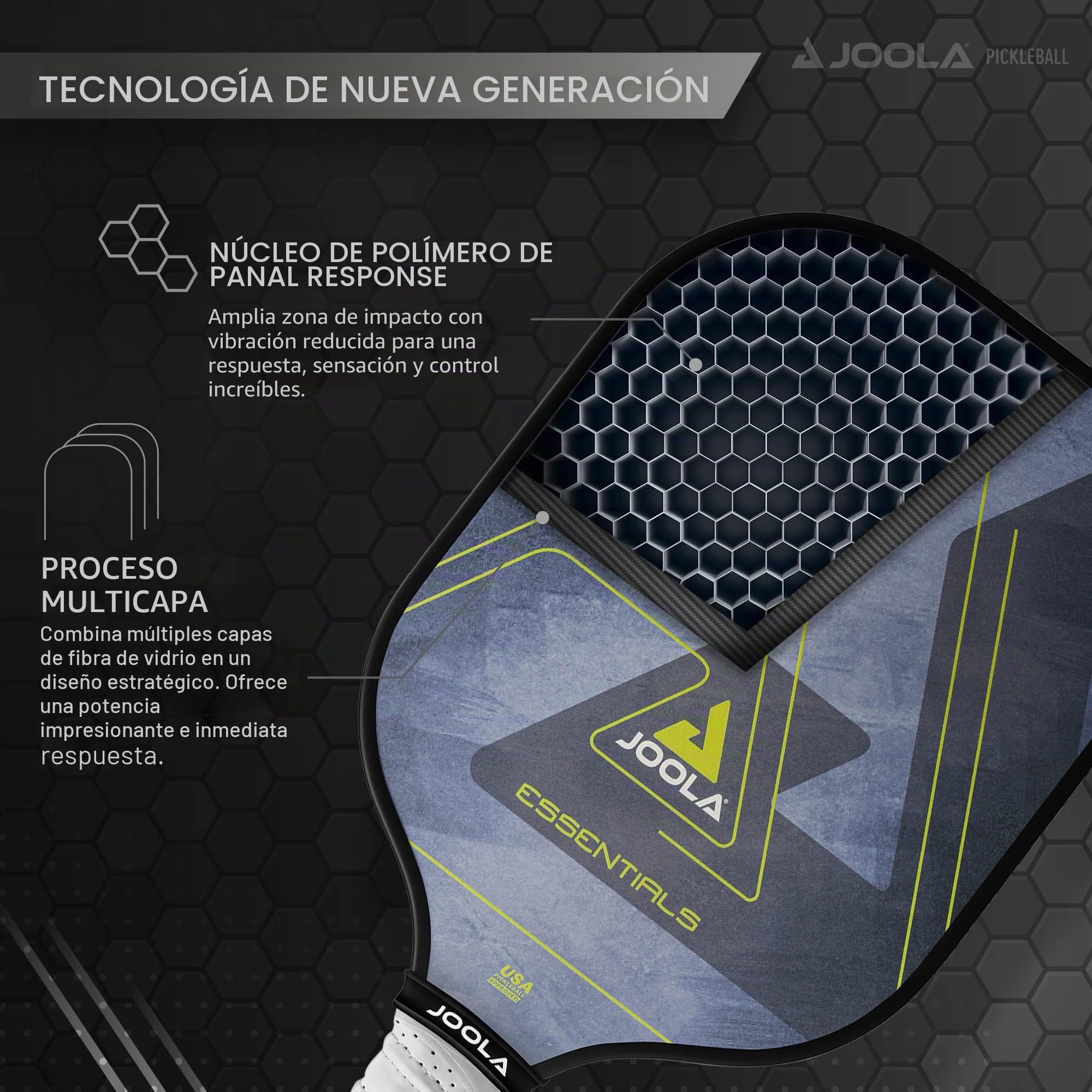 JOOLA Pickleball Essentials - Pala de Pickleball con Superficie de Fibra de Vidrio, núcleo de polímero y certificación USAPA, Ideal para Principiantes y Jugadores recreativos