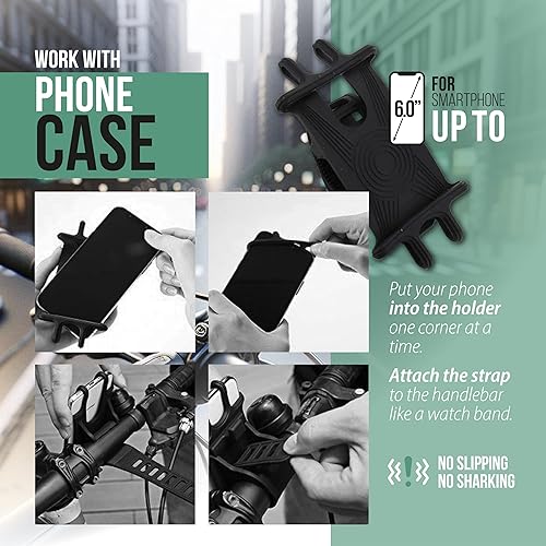 Miniatura 6 de Soporte de teléfono de silicona para bicicleta con correa flexible y ajustable, soporte de teléfono de motocicleta de 3 a 6 pulgadas para manillar,