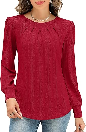 LOMON Womens Long Sleeve Tops Crew Neck Pleated Shirts